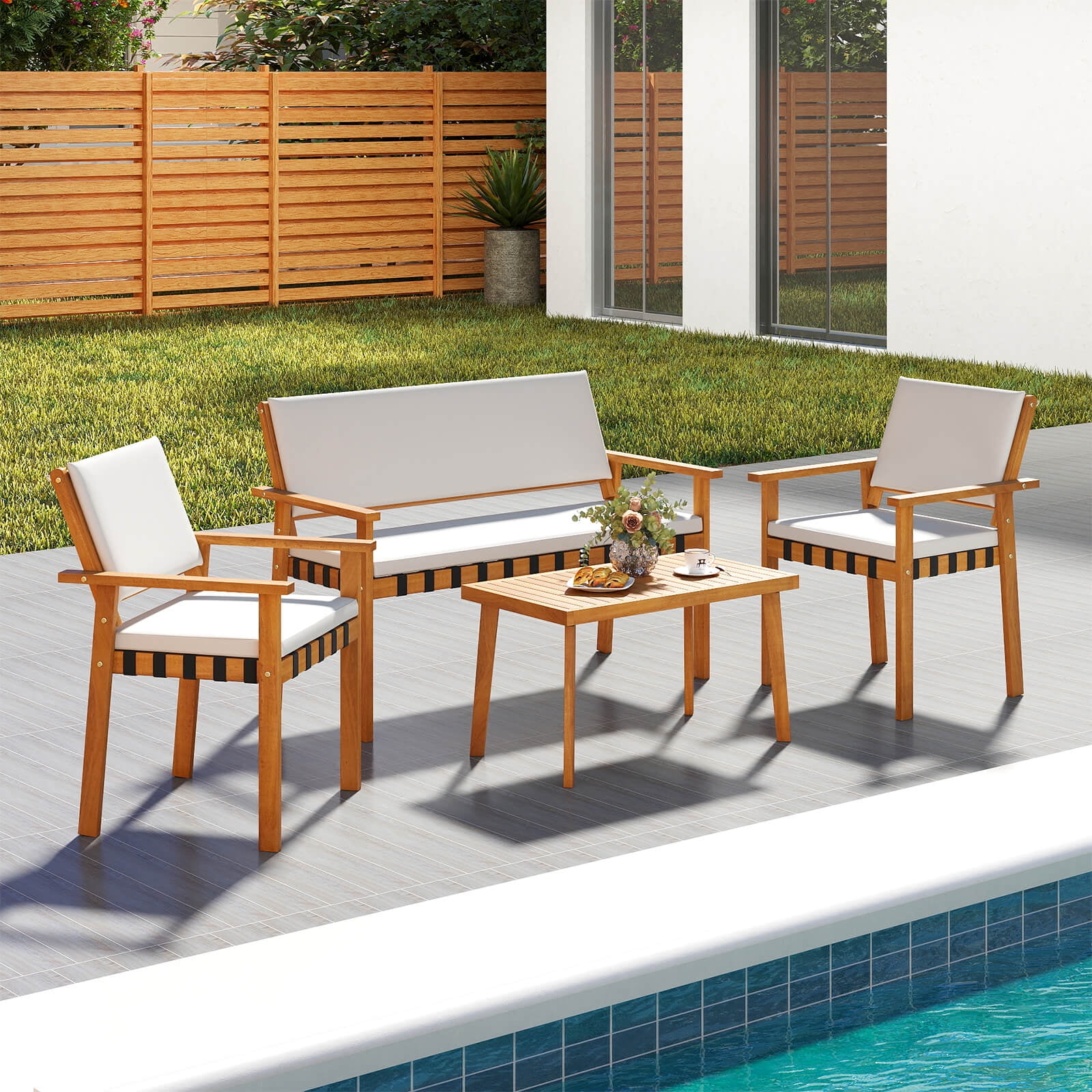 Costway 8-Piece Acacia Wood Patio Furniture Set with Coffee Table and Cushions (White, 8-Piece Set) toyzr