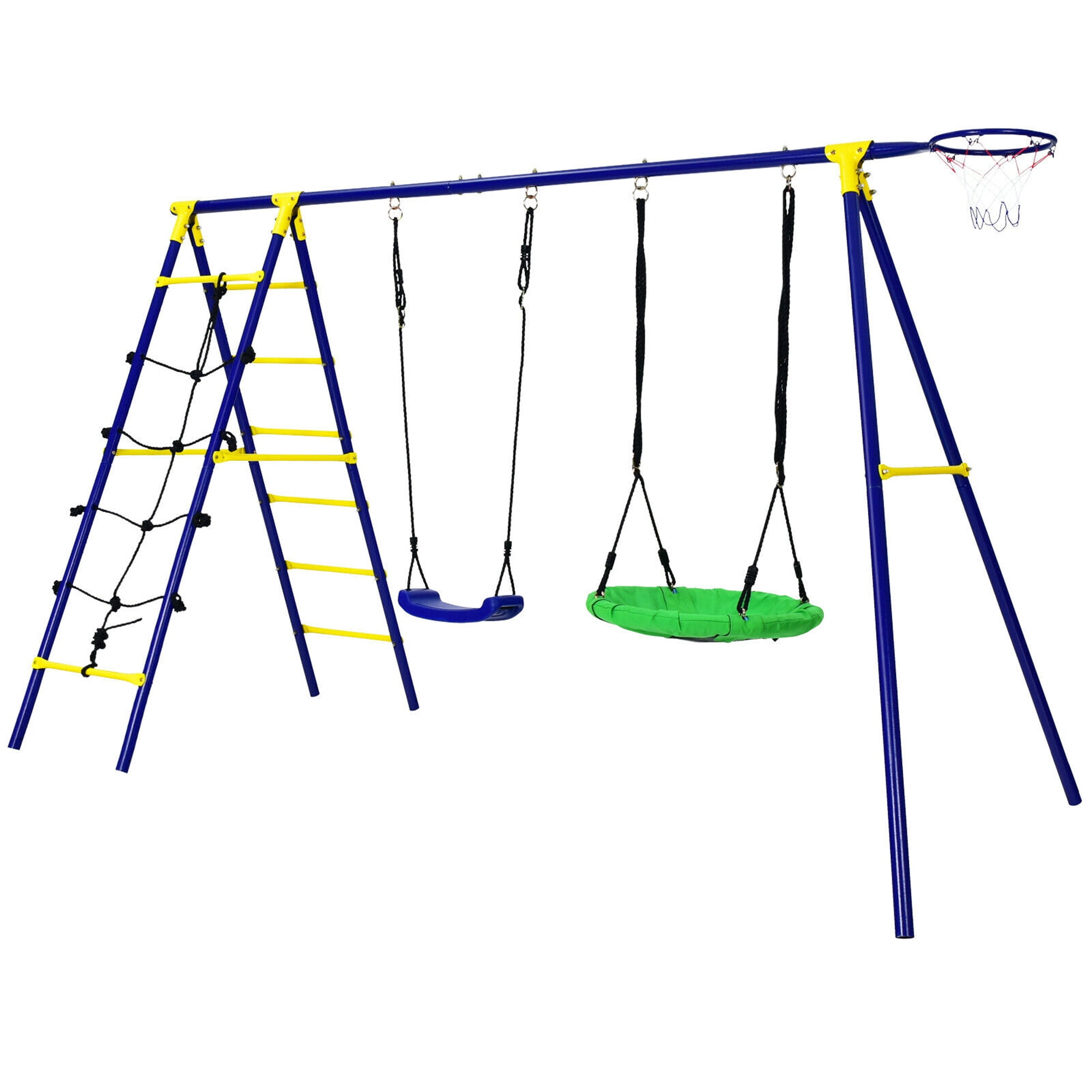 Gymax 5-in-1 Kids Outdoor Swing Set with Basketball Hoop and Climbing Ladder (Blue) y2tza