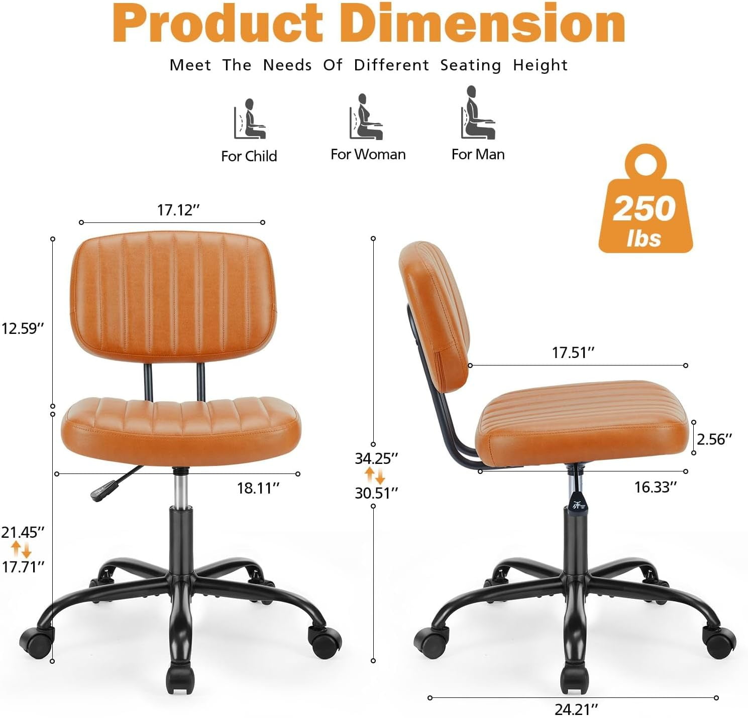 TINKLE WELL Ergonomic Armless Office Task Chair, Rolling Vanity Desk Chair with Swivel and Adjustable Height (Brown, 24.21 in x 16.33 in x 34.25 in) s16vc