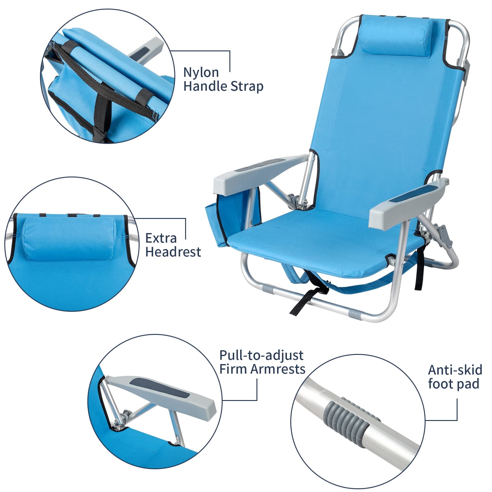 Geemuslly Folding Backpack Beach Chair, 5-Position Recline Portable Aluminum Lounge Chair with Storage Pockets and Cup Holder (Blue, 330 lb Capacity) 3vg68