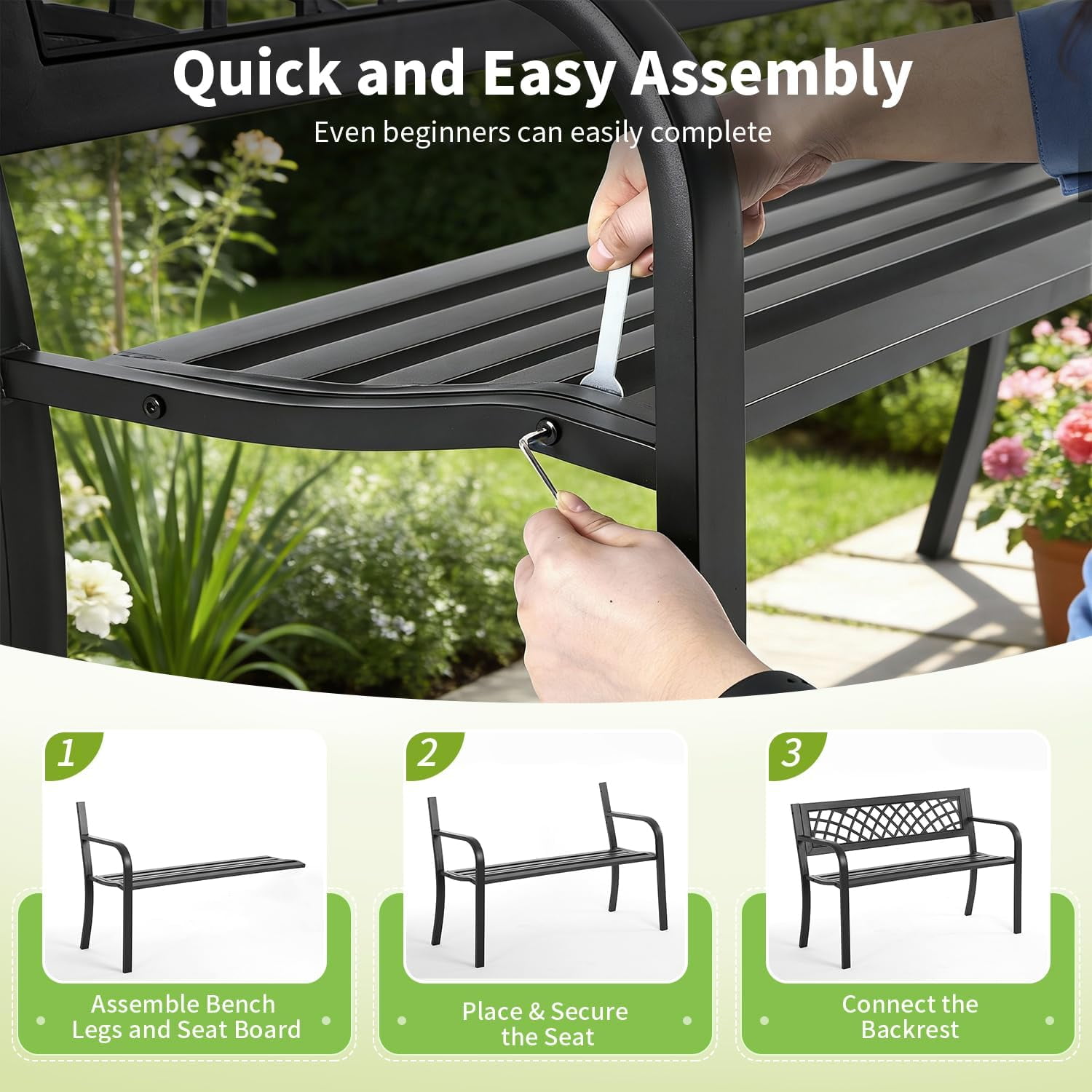 Dkeli Outdoor Garden Bench with Armrests, Rust-Resistant Steel Patio Park Seat (Black, 45.5 in L x 21.7 in D x 30 in H) 7r3qn