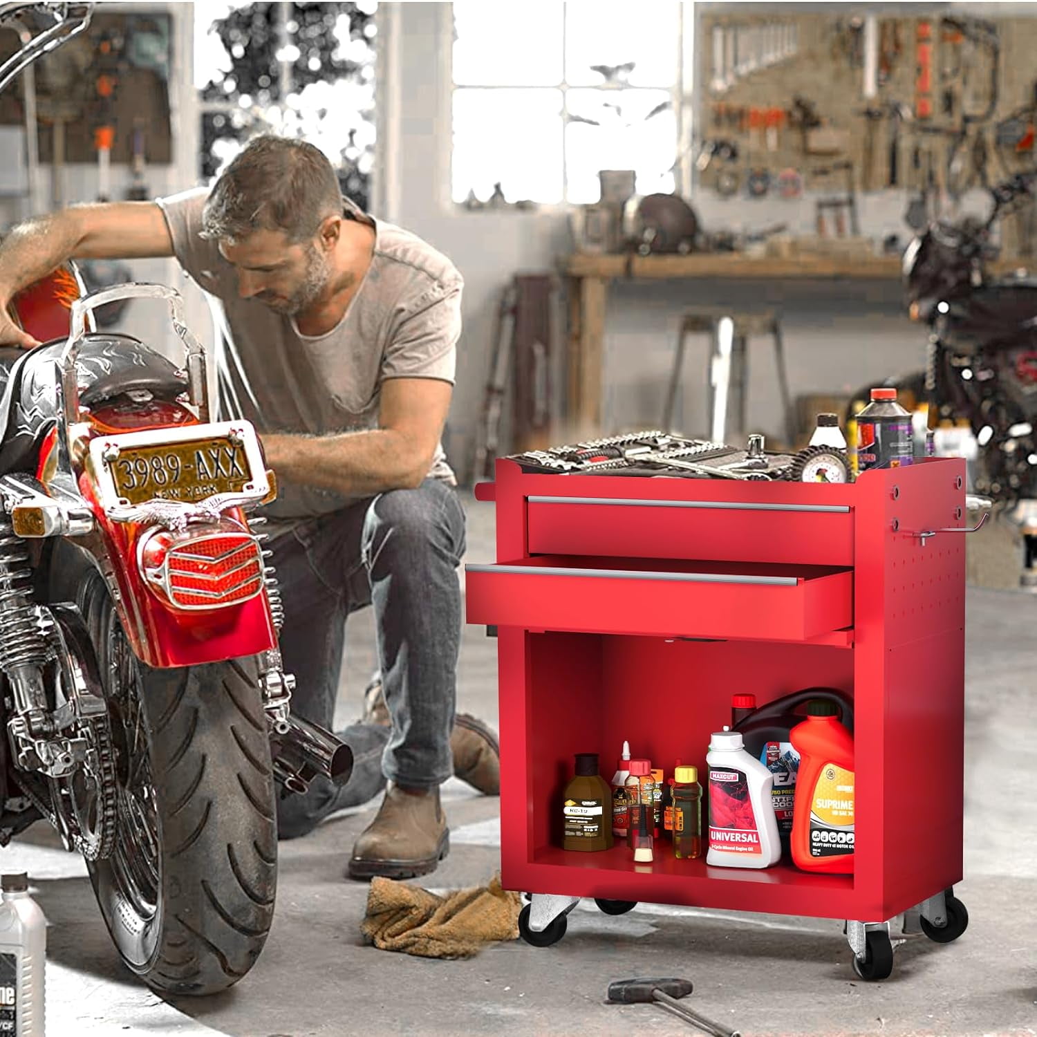 Clickoods 8-Drawer Rolling Tool Chest, 2-in-1 Detachable Metal Tool Box Cabinet with Wheels (Red, 24 in x 13 in x 43 in) ykmzs