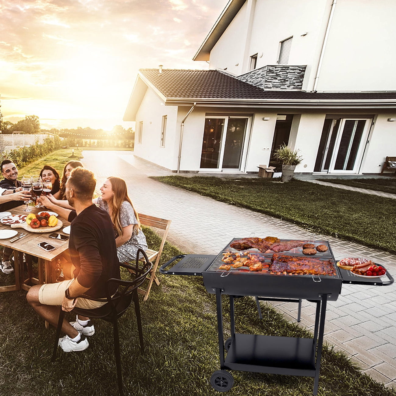 Linsen-Outdoors Double Charcoal Barrel Grill with Dual Side Shelves (Black, Large) 5yds8