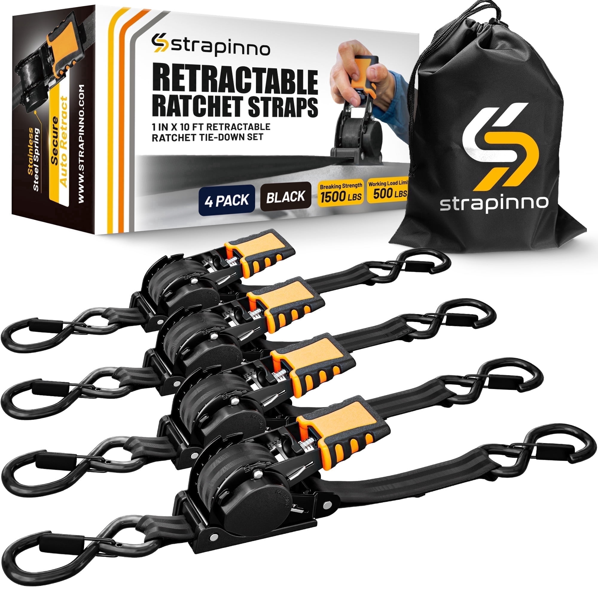 Strapinno Retractable Ratchet Straps with Rubber-Coated Handles and S-Hooks, Heavy-Duty Cargo Tie-Downs for Motorcycles and Bikes (Black, 4 Pack, 1 in x 10 ft) bz8oz