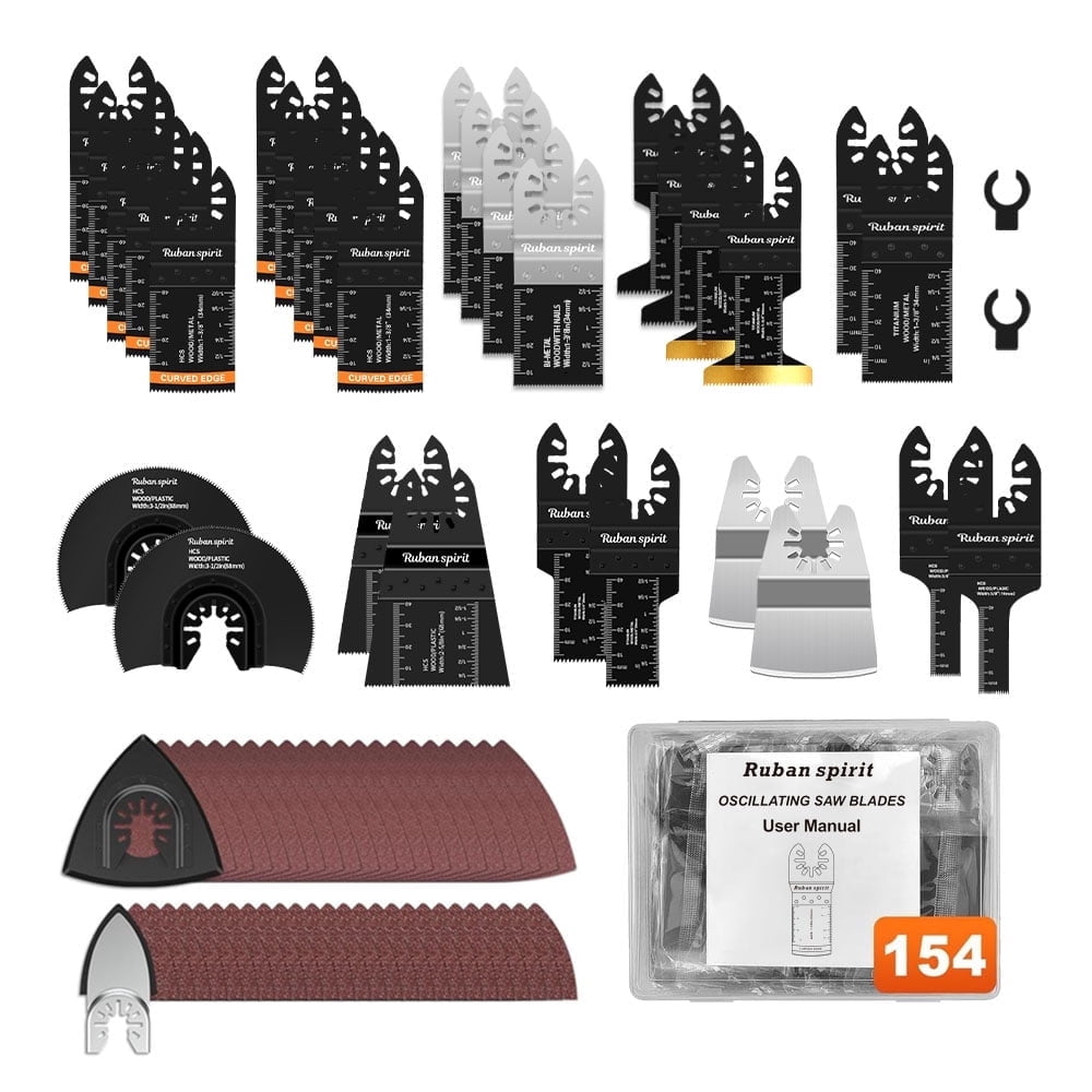 Ruban Spirit 154pcs Oscillating Multi Tool Blade Kit Titanium Bi-Metal Saw Blades for Wood Metal Plastic (154 Piece Set) qsv9l