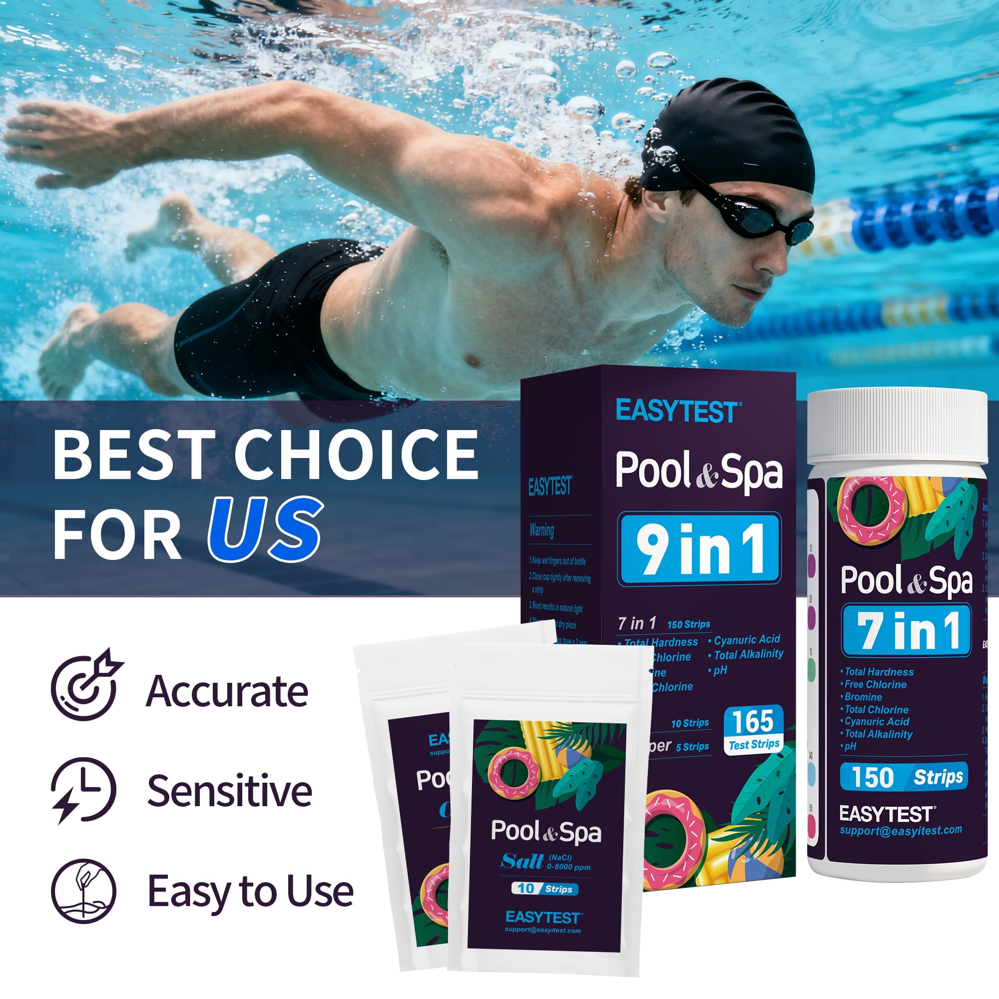 EASYTEST 9-Way Pool Test Strips for Swimming Pool, Hot Tub, and Spa Water Quality Monitoring (165 Strips) wujwm