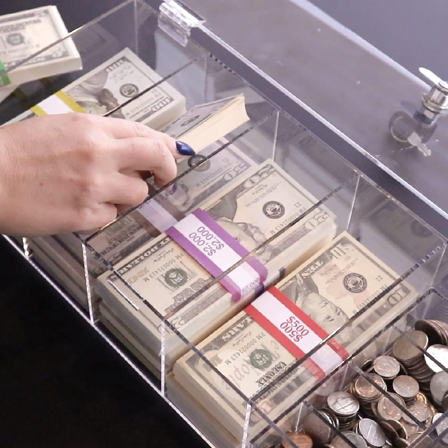 Nadex 5-Compartment Currency Tray with Locking Cover and Removable Coin Insert (Clear, 15.38 in x 7 in x 4 in) qcy04 - Image 3