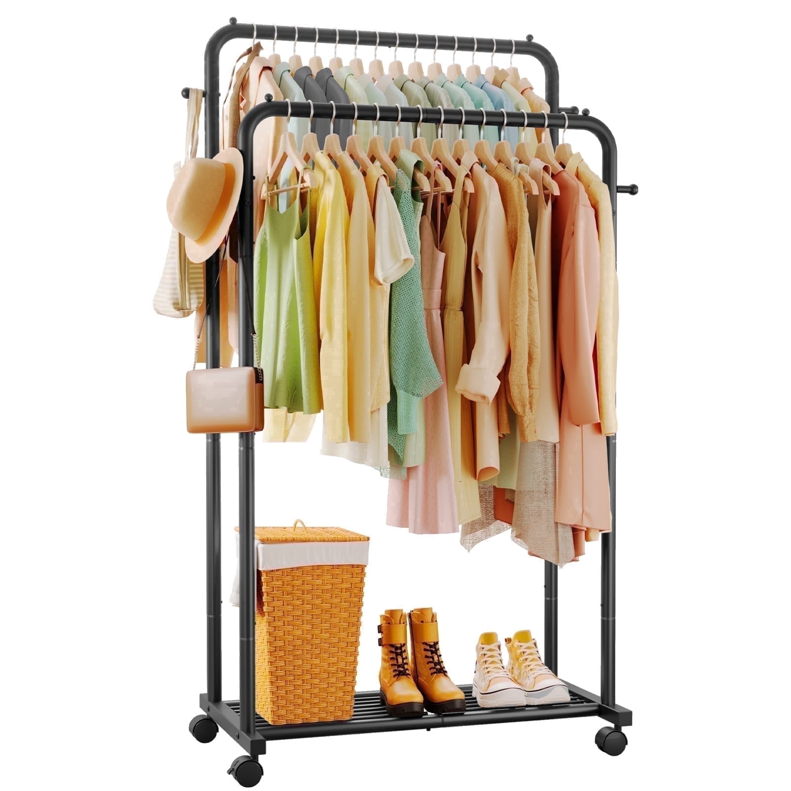 Sakugi Double-Rod Garment Rack with Hooks and Mesh Shelf, Heavy-Duty Rolling Clothing Organizer for Bedroom and Laundry (Black, 32.7 in x 16 in x 59.1 in) zesaf
