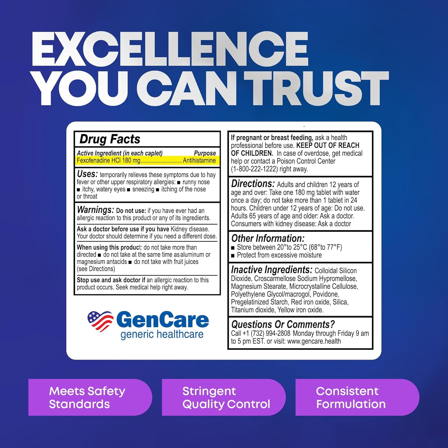 GenCare Allergy Relief Fexofenadine HCl 180 mg Non-Drowsy Antihistamine (50 Tablets) 0uopp