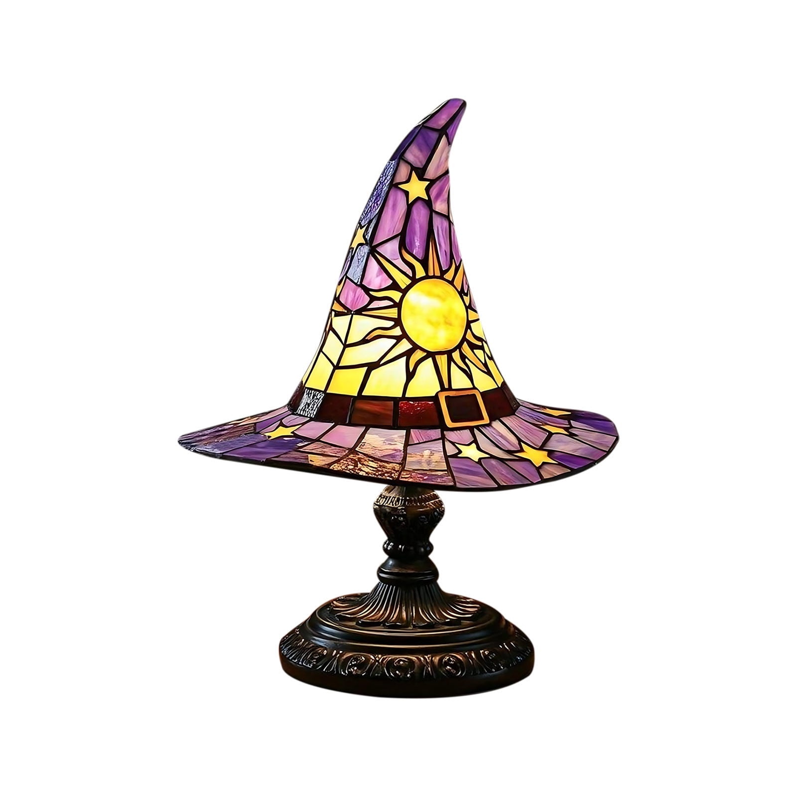 Outtop Halloween Witch Hat Stained Glass Table Lamp, Tiffany-Style LED Night Light with Sun and Star Motifs (Purple, 7.09 in) i3tdw