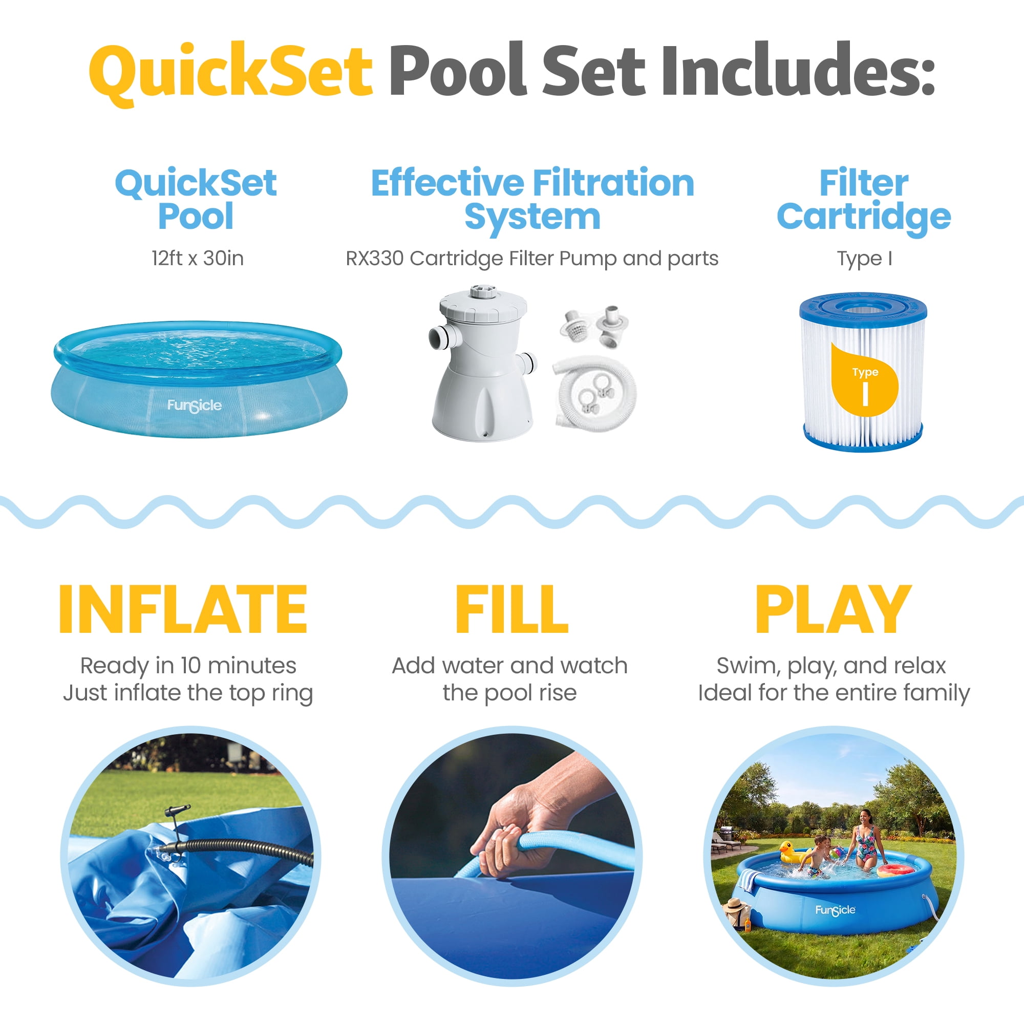 Funsicle Round Sea-Thru QuickSet Above Ground Pool with Filter Pump (Blue, 12 ft x 30 in) qsje7