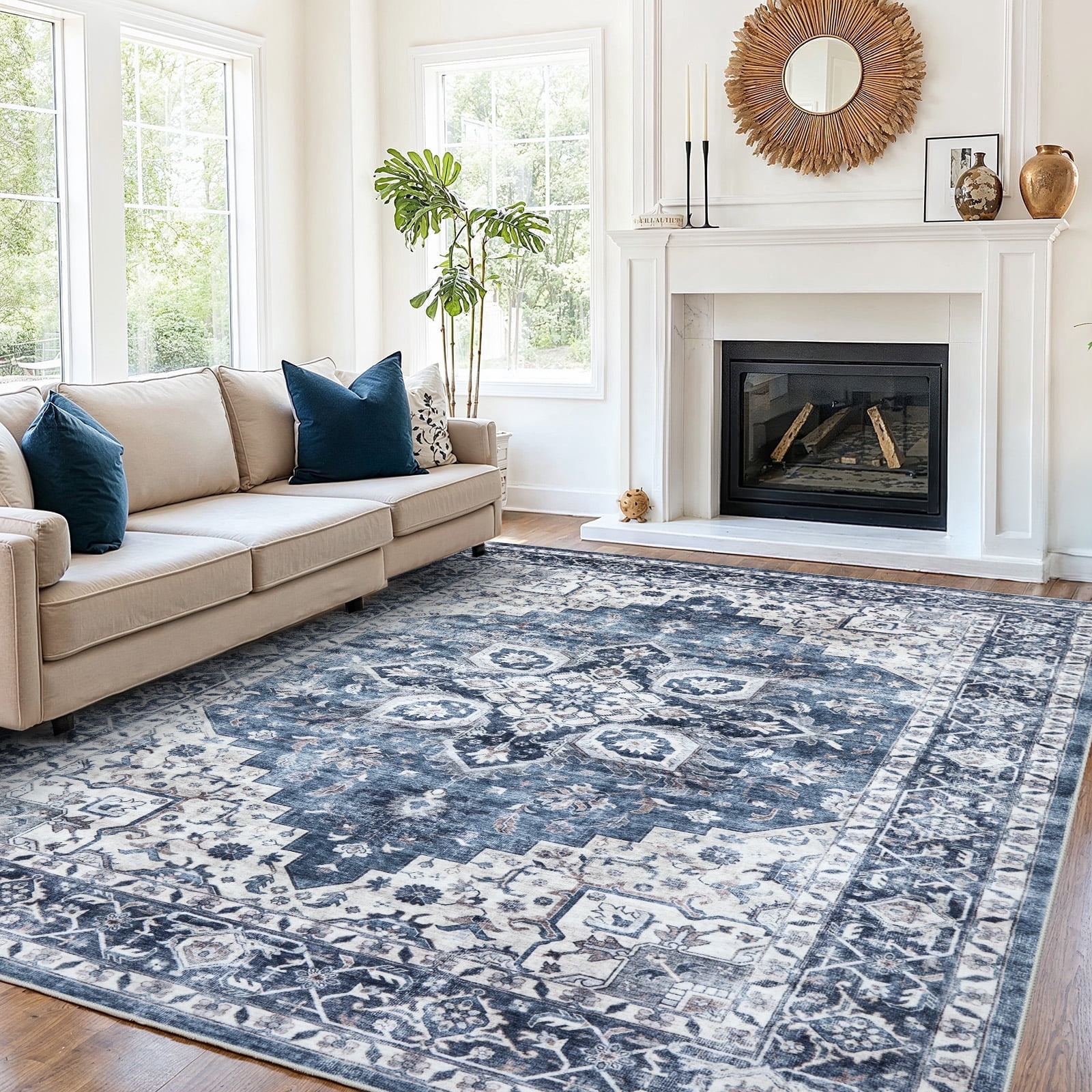 CHITOOMA Vintage Area Rug for Living Room, Machine Washable Non-Slip Carpet (Blue, 8 ft x 10 ft) 2td38
