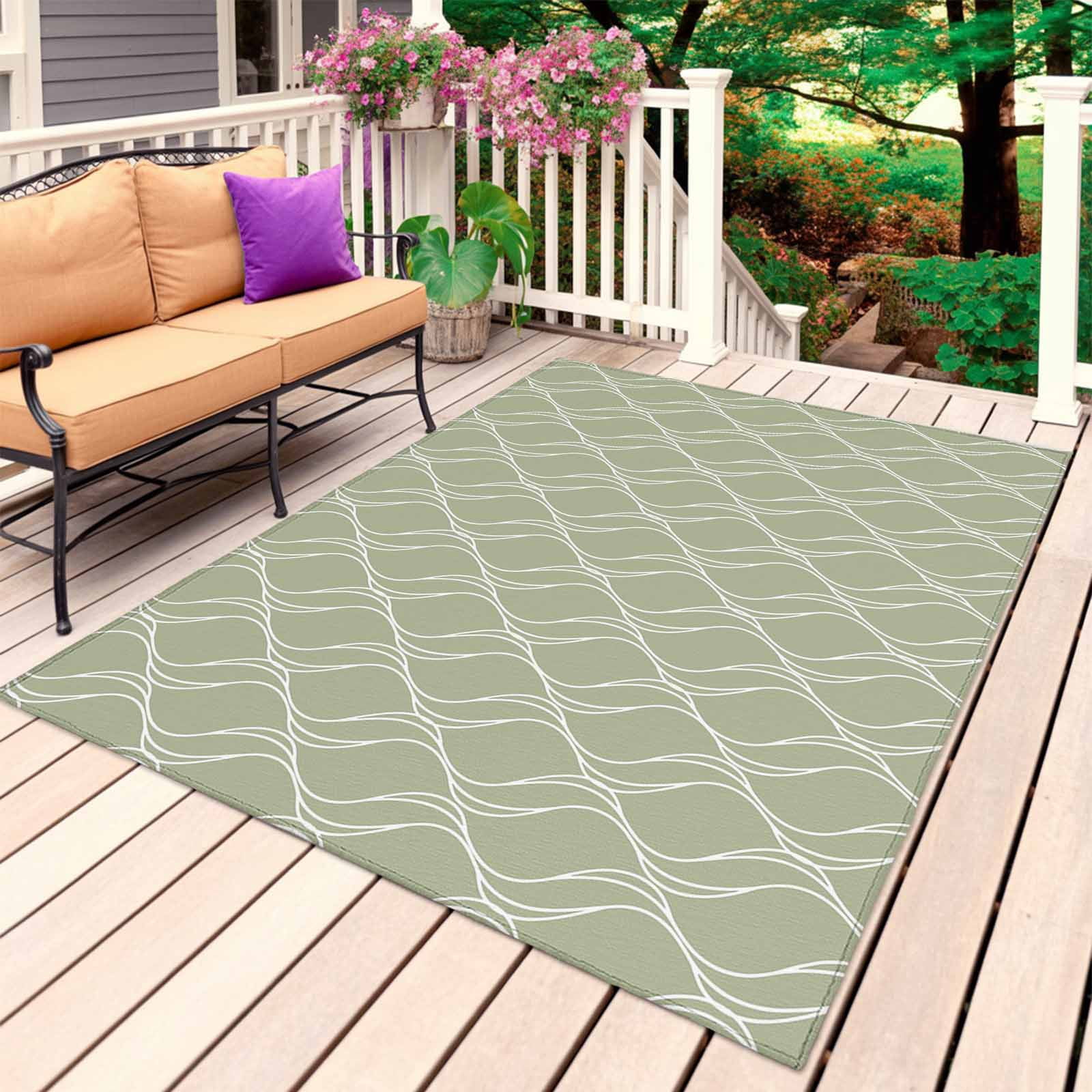 ERUNPONLY Sage Green Striped Outdoor Rug, Non-Slip Washable Geometric Patio Area Rug for Deck Porch Camping (3 ft x 5 ft) ioozk