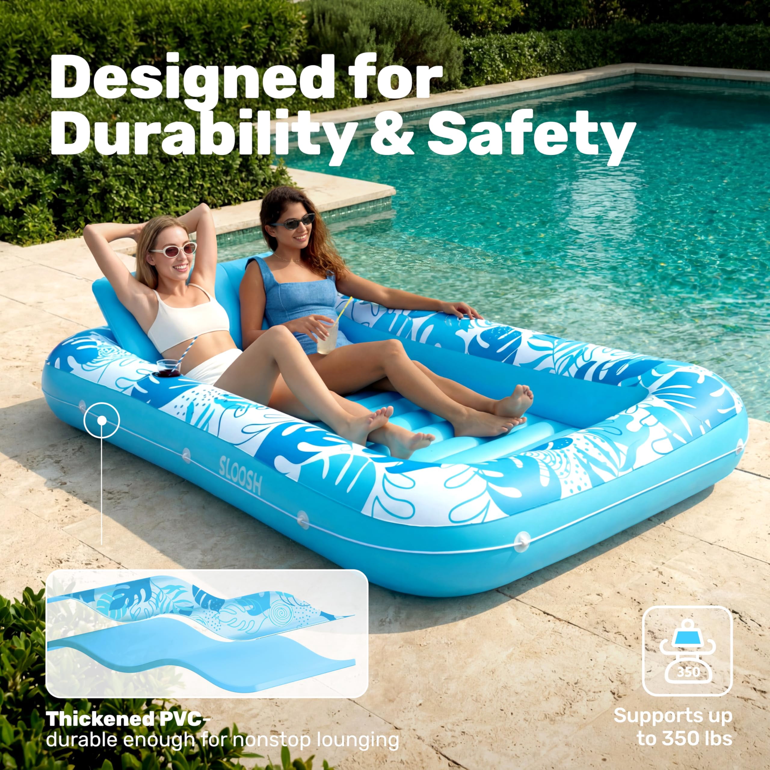 SLOOSH Inflatable Tanning Pool Lounger Float, Extra Large Suntan Bed for Adults (Blue, 85 in x 57 in) g1yek
