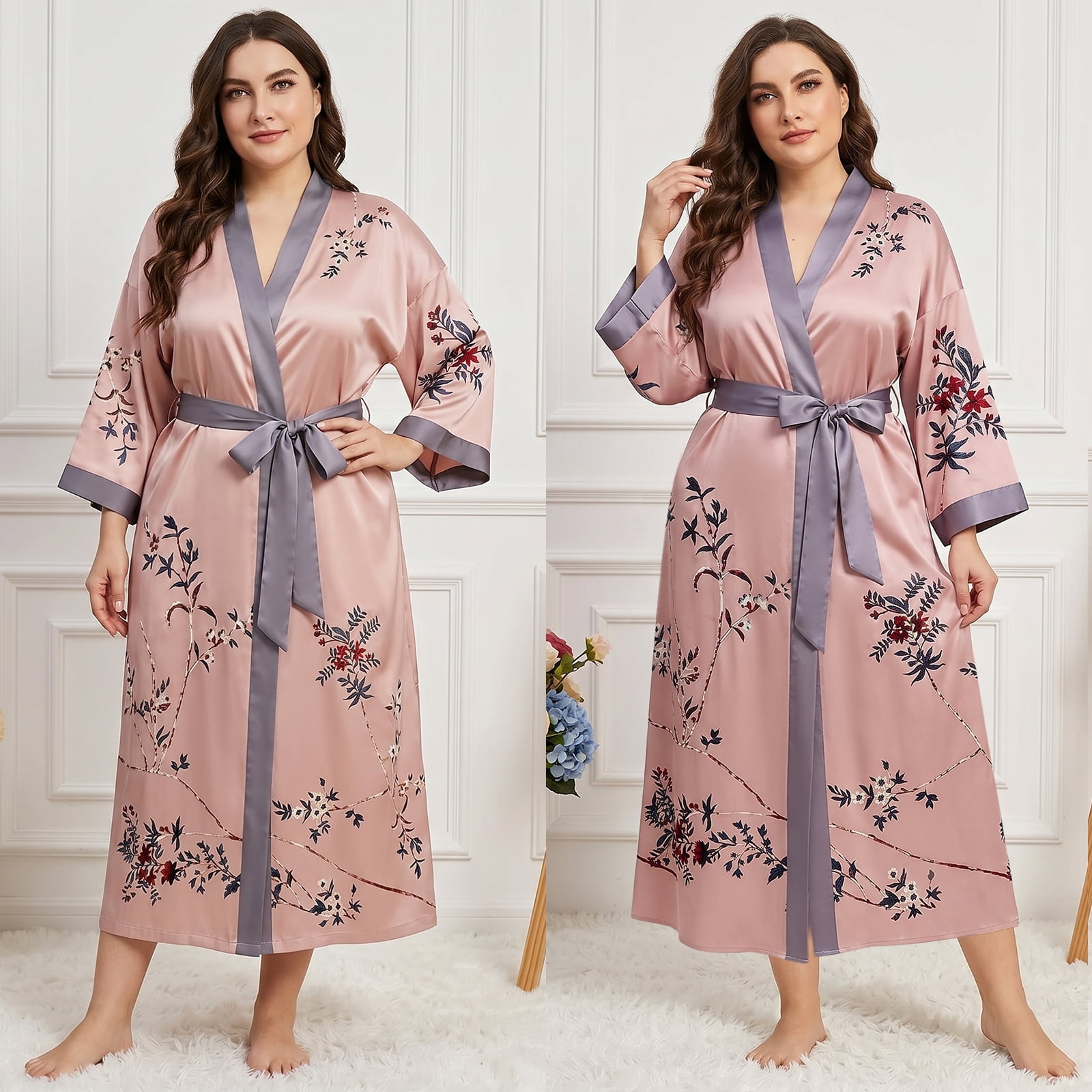 AMITOFO Women's Long Silky Satin Kimono Robe Floral Lightweight Loungewear (Pink, One Size) o0k6o