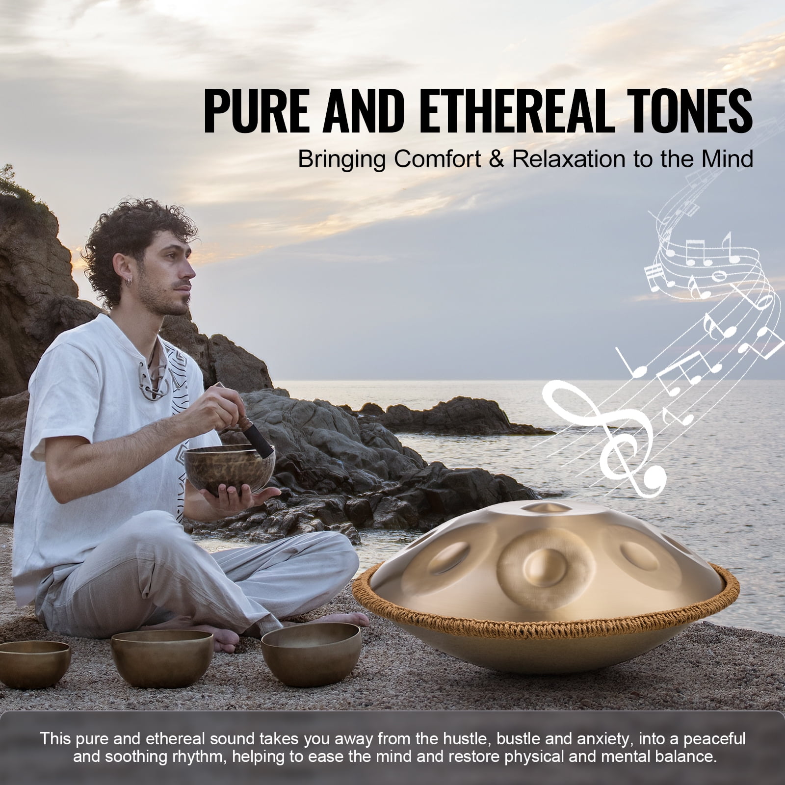 VEVOR Handpan Drum, 10 Notes D Minor Steel Percussion Instrument with Stand, Mallets, and Carry Bag (22 in) c4rm0