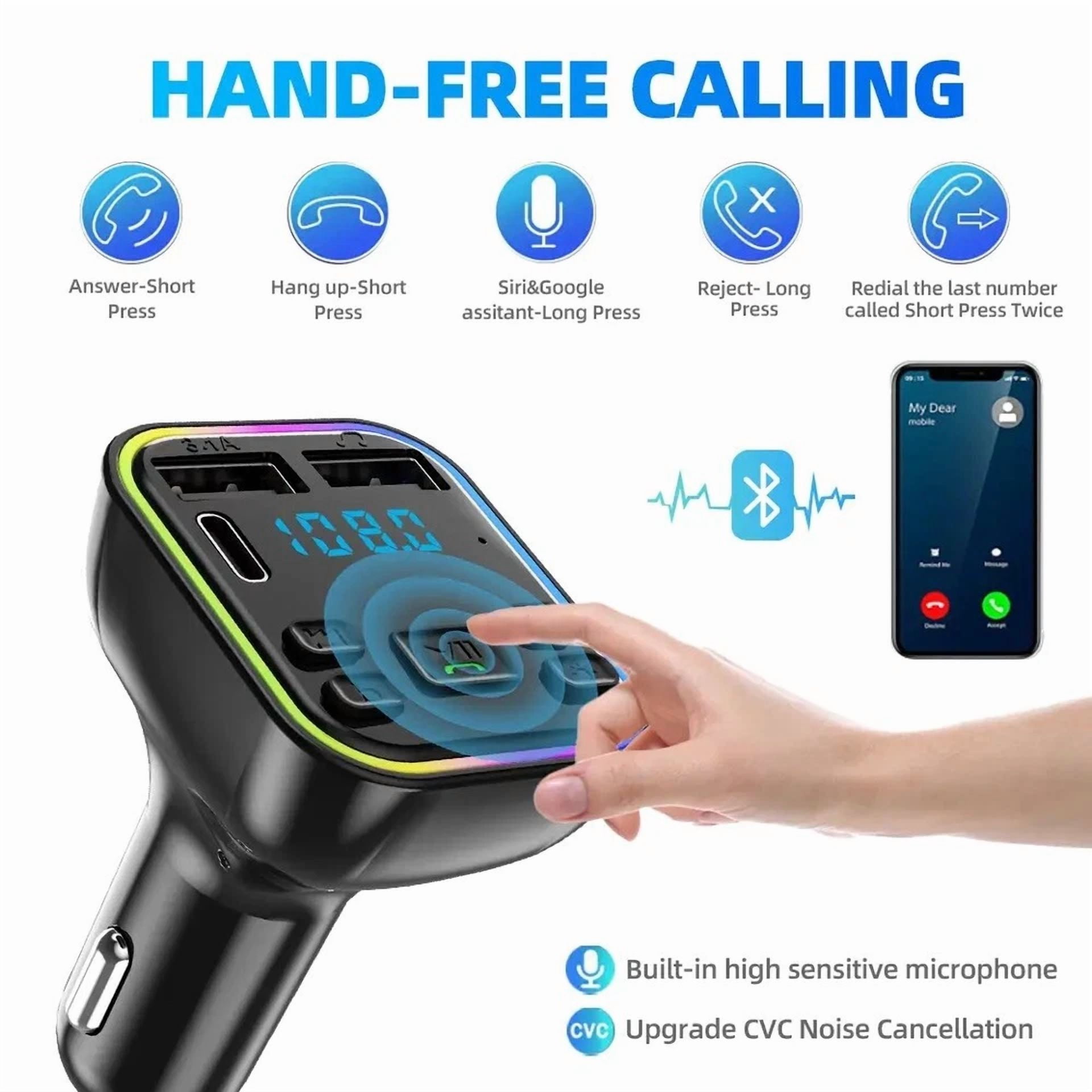 Rhea Car Bluetooth 5.0 FM Transmitter with PD Type-C and Dual USB 3.1A Fast Charger (Black, 1 Pack) pdfj4