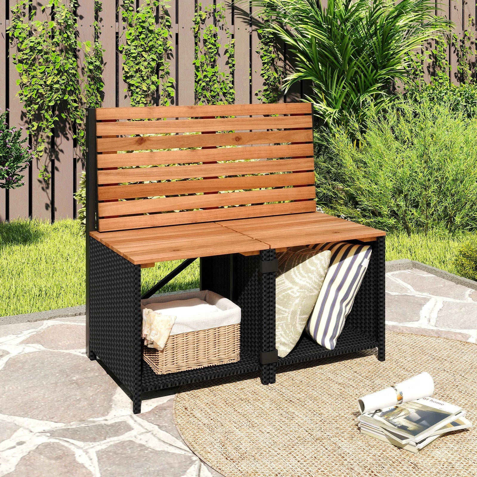 Auranook 2-in-1 Outdoor Convertible Bench and Table Set with Metal Frame and PE Rattan (Black) adncm
