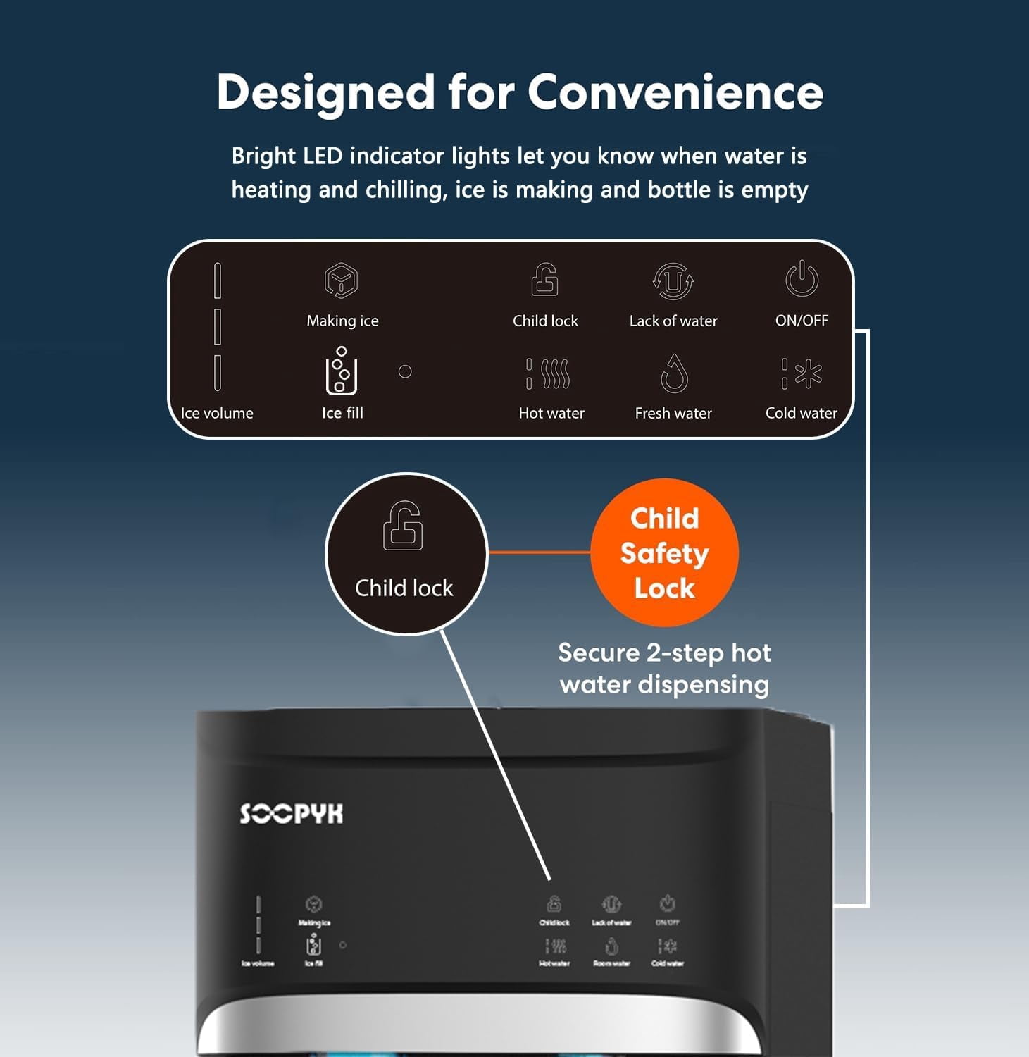 SOOPYK Bottom Loading Water Dispenser with Nugget Ice Maker, 3-Temperature Settings, Self-Cleaning, Child Safety Lock (Black, 5 Gallon) xvx61