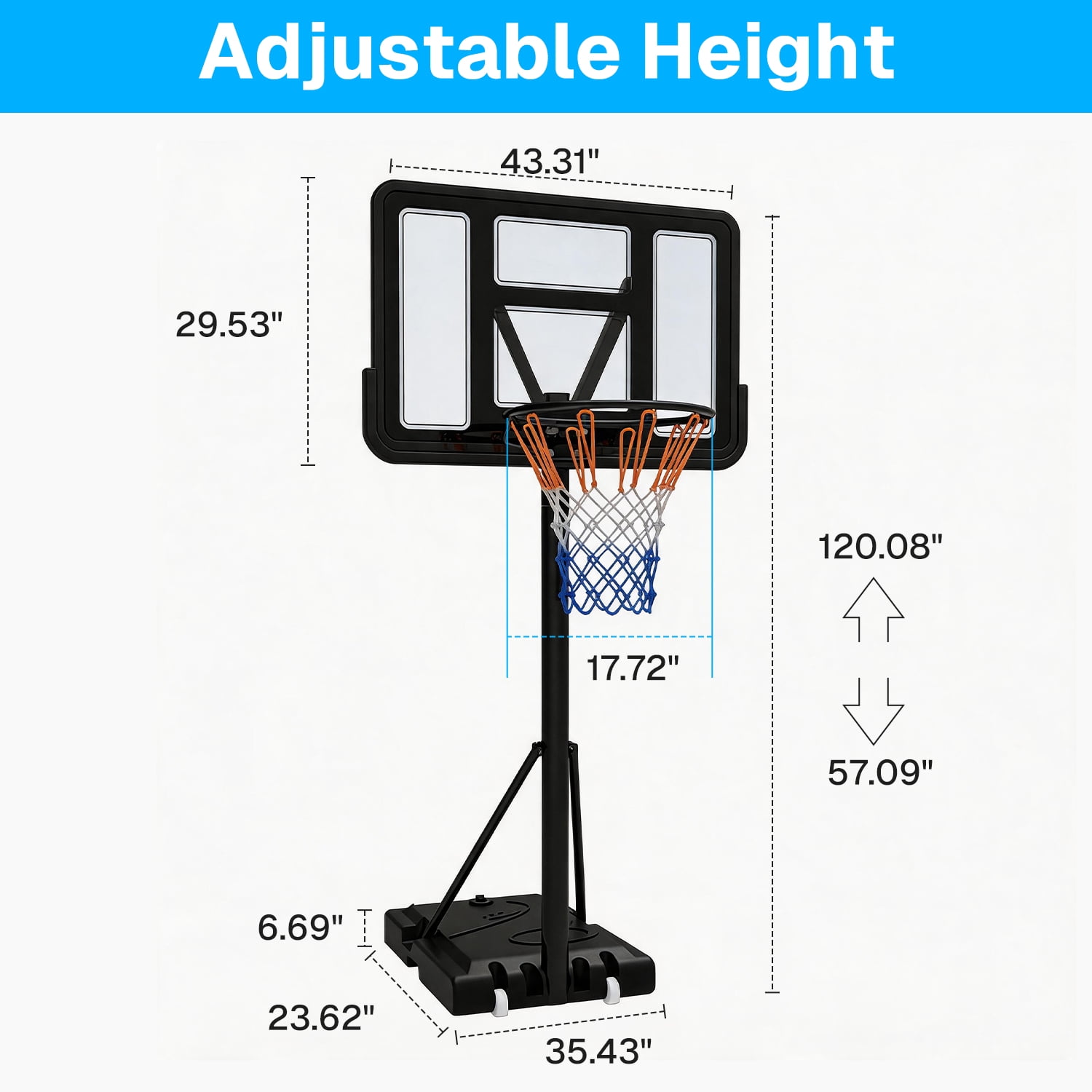 BN-LINK Portable Basketball Hoop, Height Adjustable Outdoor Basketball Goal with Shatterproof Backboard (Black, 43 in) 9cebf