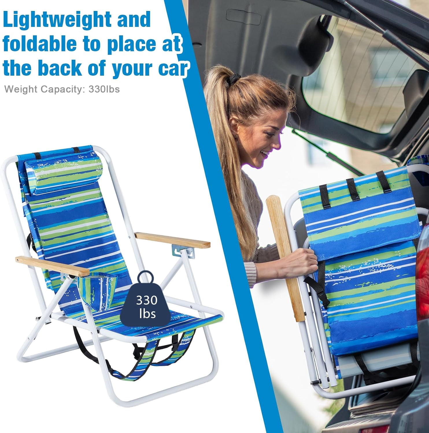 LiteHaven Folding Beach Chair with Adjustable Headrest and 4-Position Tilt (Blue, 24 in x 22 in x 32 in) ohw1p