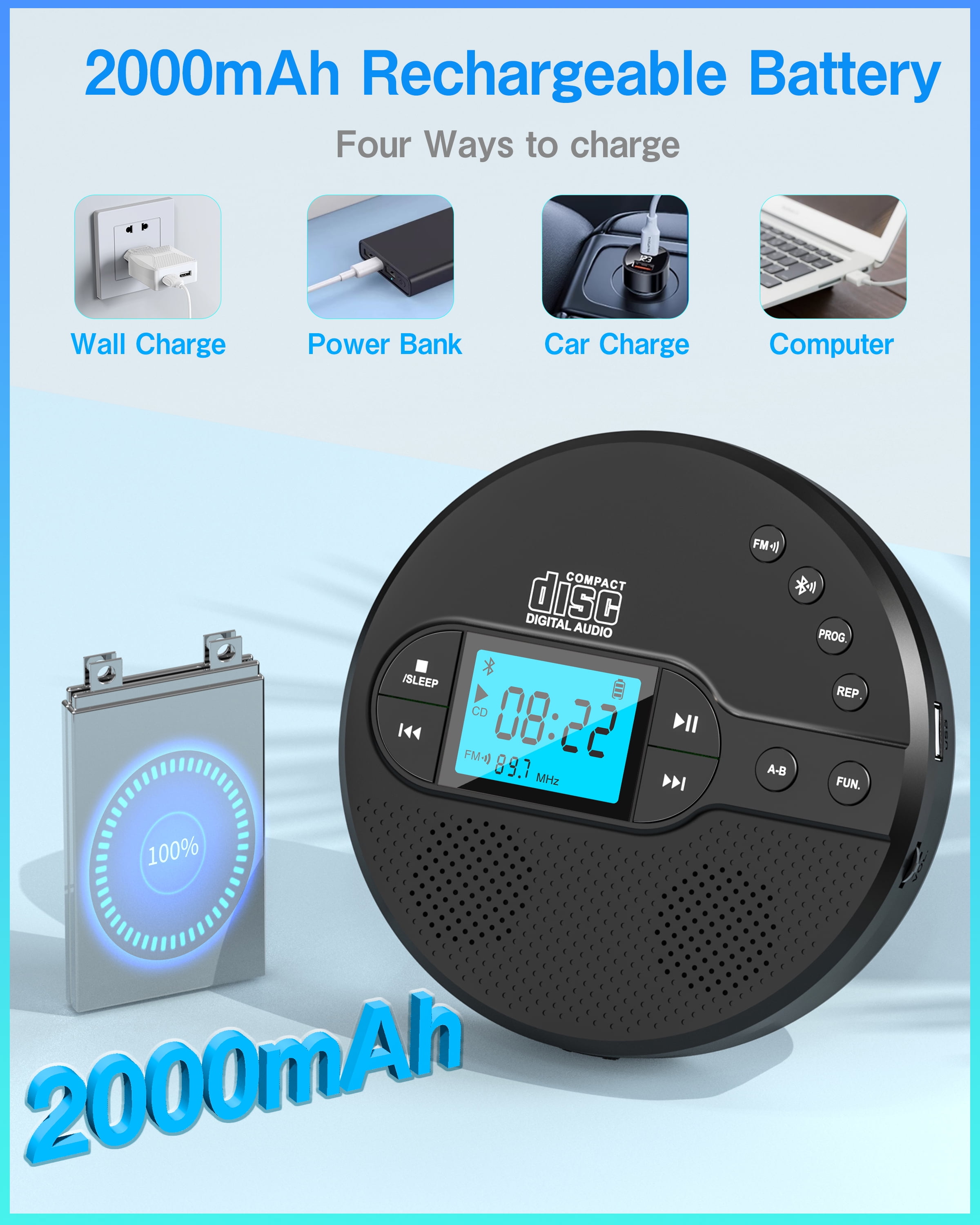 Greadio Portable CD Player with Bluetooth 5.1, Rechargeable Discman for Car and Home (Black) 05g2x - Image 7