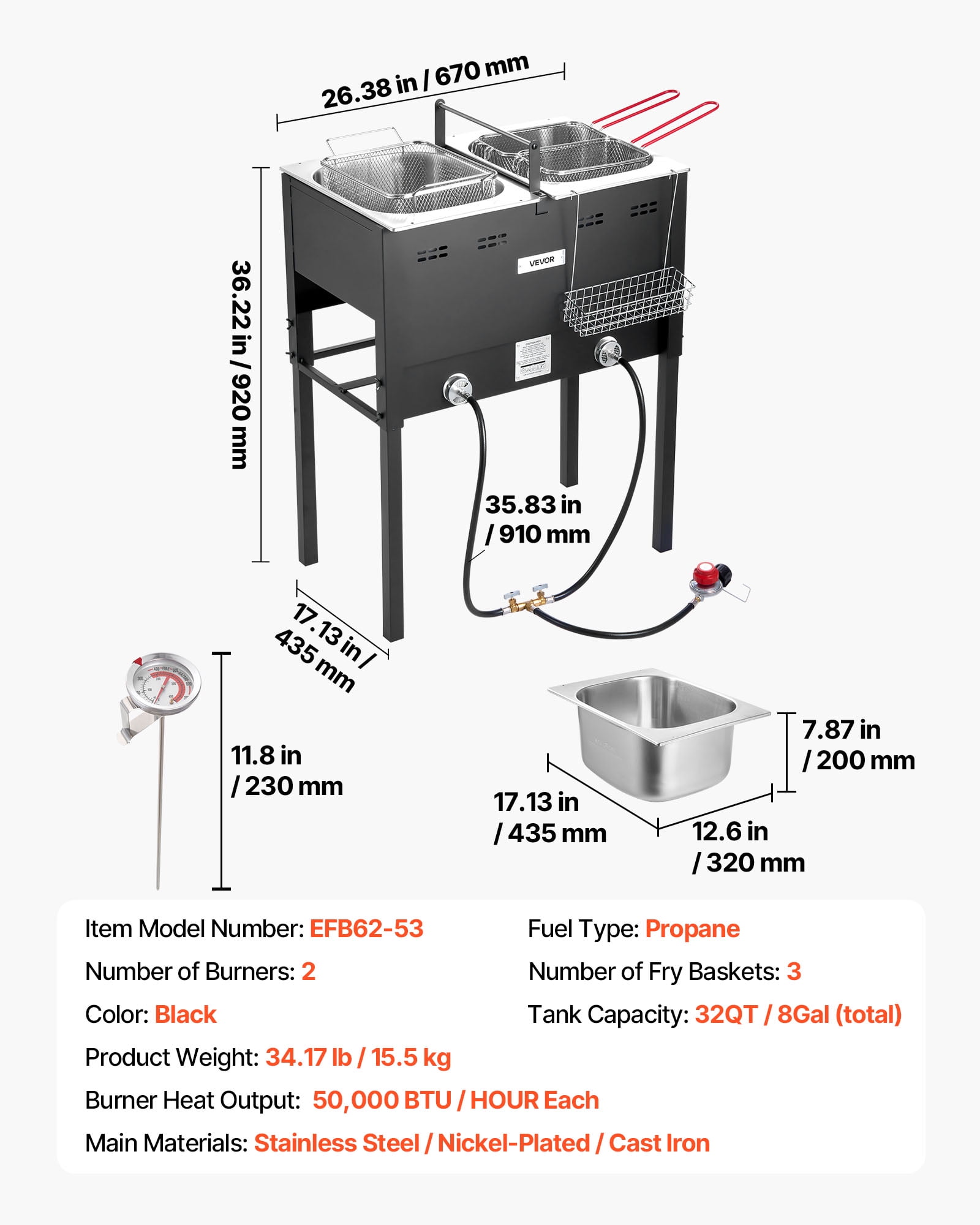 VEVOR Outdoor Propane Deep Fryer, Dual-Tank Commercial Fish Cooker with 3 Baskets and Thermometer (Black, 32 QT) kfzyn