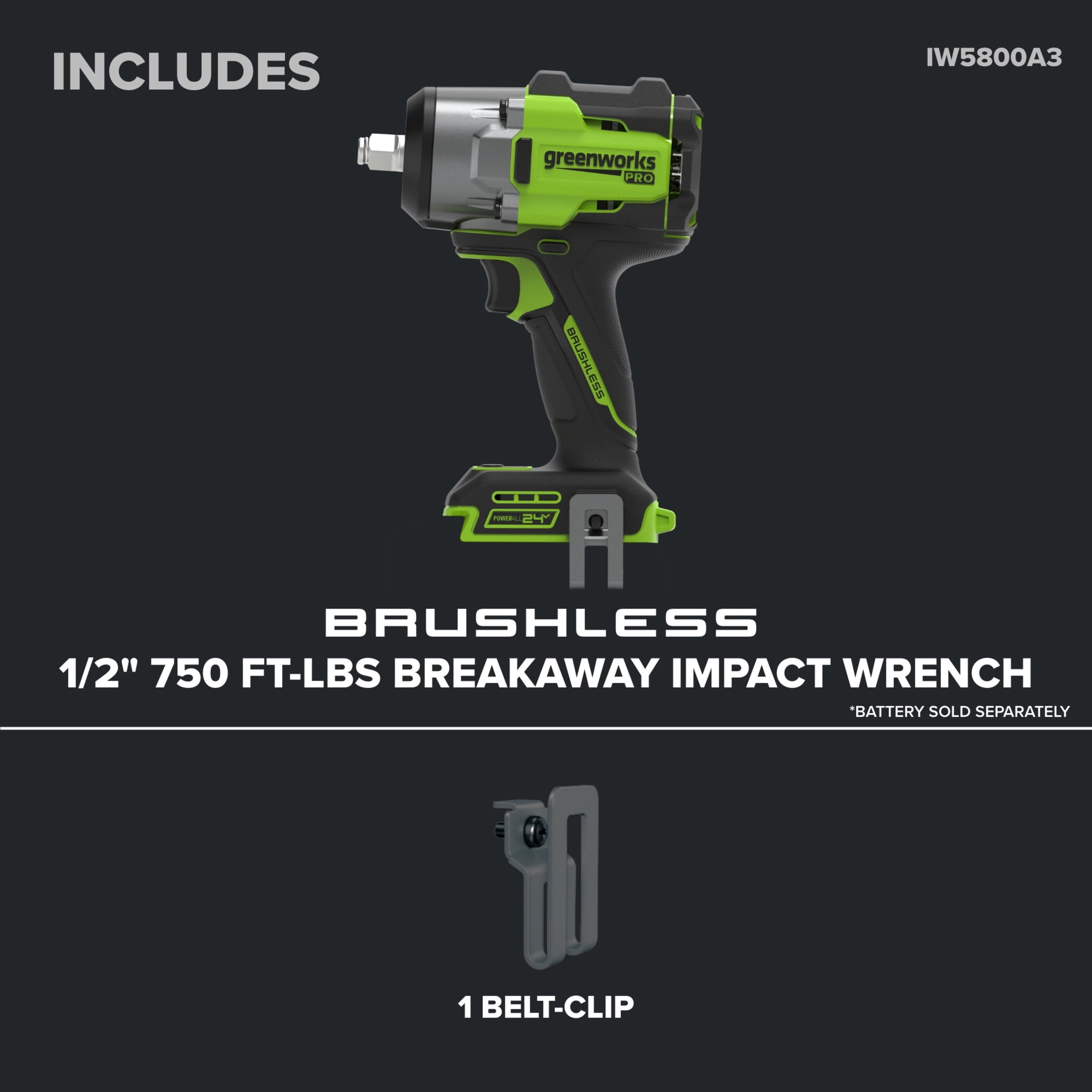 Greenworks Pro PowerAll 24V Brushless 1/2 in Impact Wrench (Green, 750 lb Breakaway Torque) g2aev