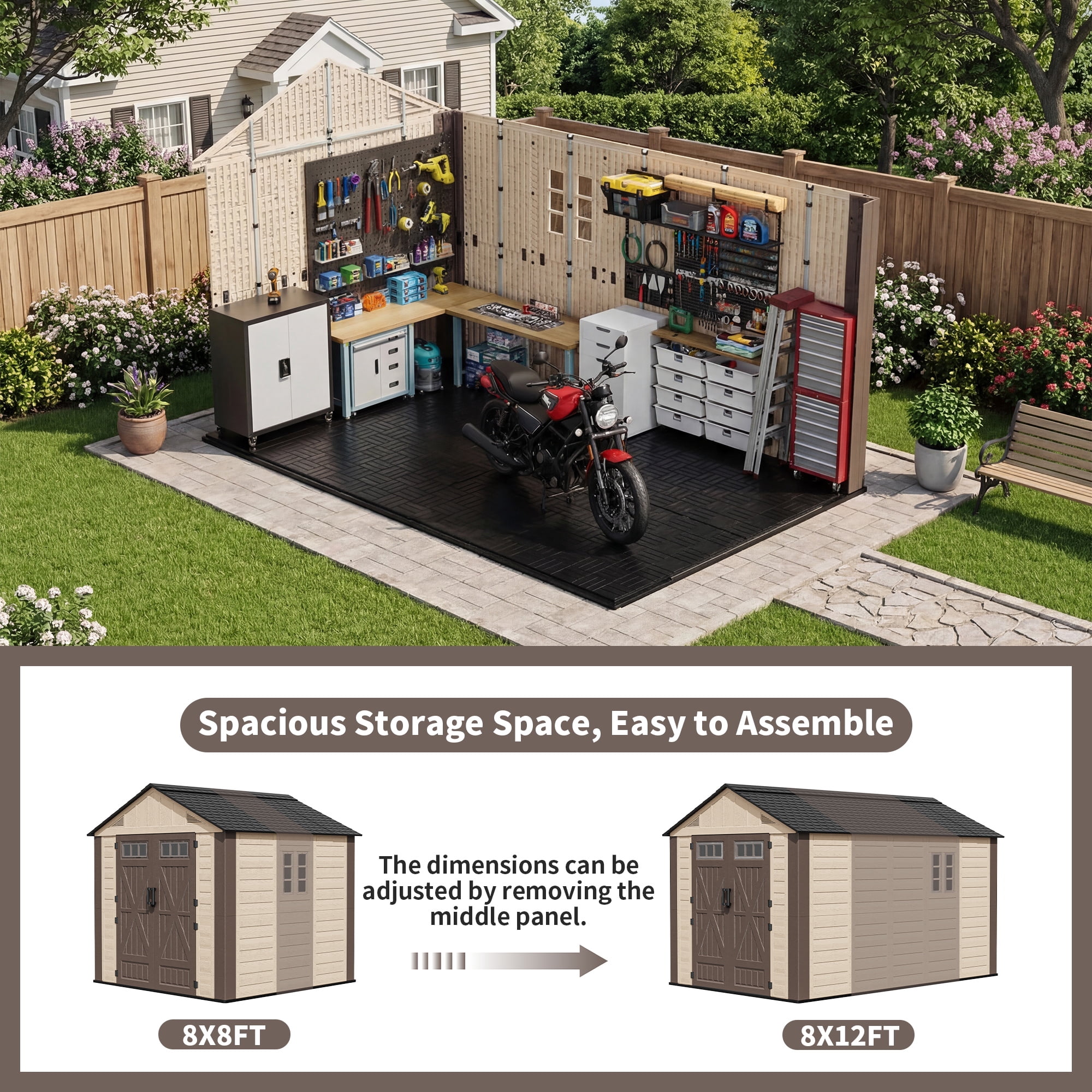 NETAJE Resin Outdoor Storage Shed, Heavy-Duty Weather-Resistant Tool House with Floor, Window, and Vents (Beige & Brown, 8 ft x 12 ft) ckpx1