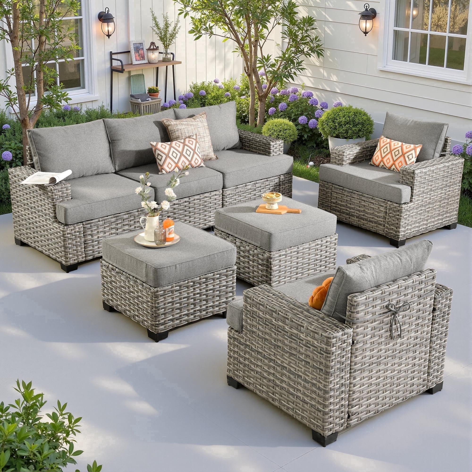Ovios 7-Piece Outdoor Patio Furniture Set, All-Weather Rattan Wicker Sectional Sofa with Club Chairs and Ottomans (Dark Gray, 7-Piece) zea90