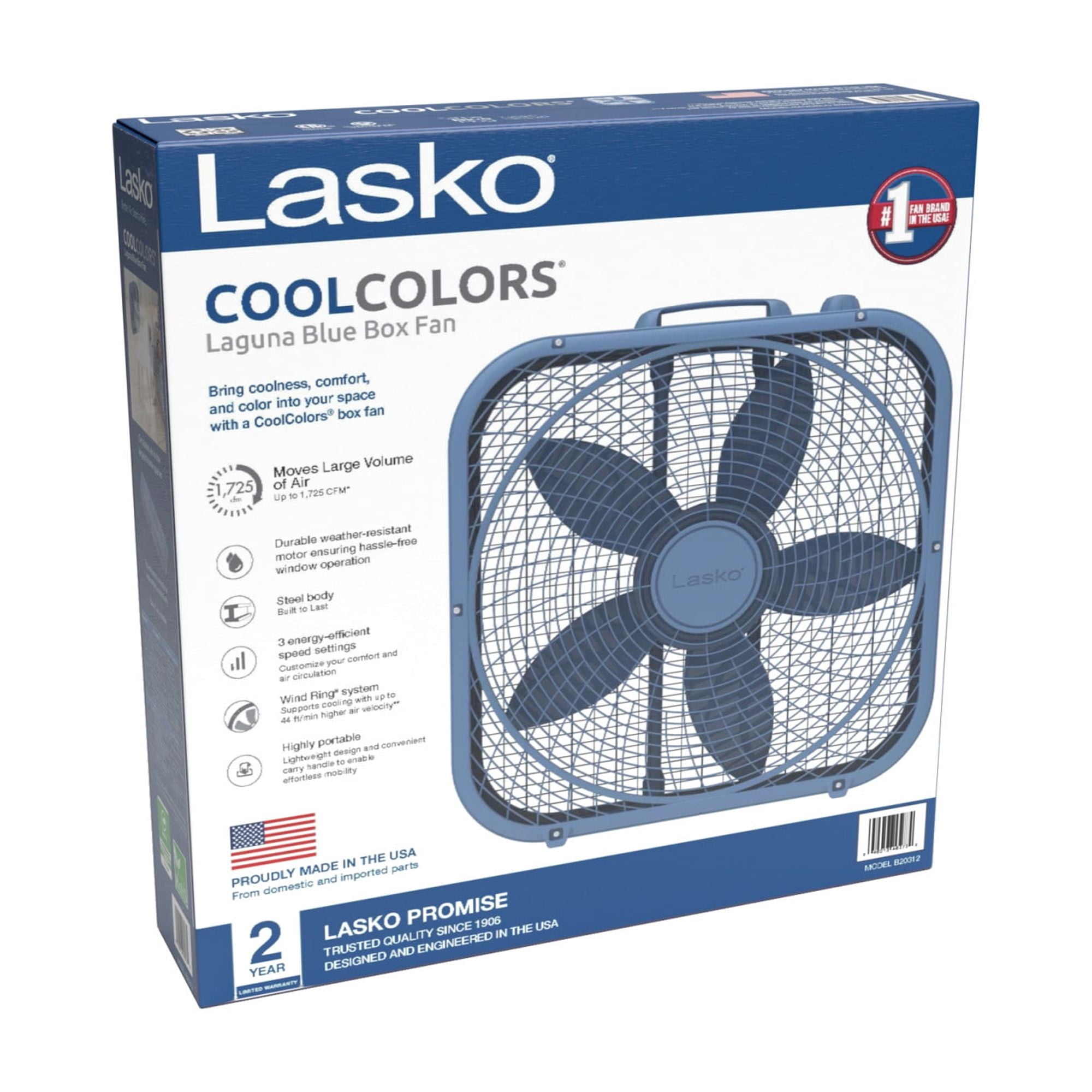 Lasko 20 in Cool Colors Classic Box Fan, Portable Floor or Window Cooling Fan with 3 Speeds (Laguna Blue, 20 in) f4r3m