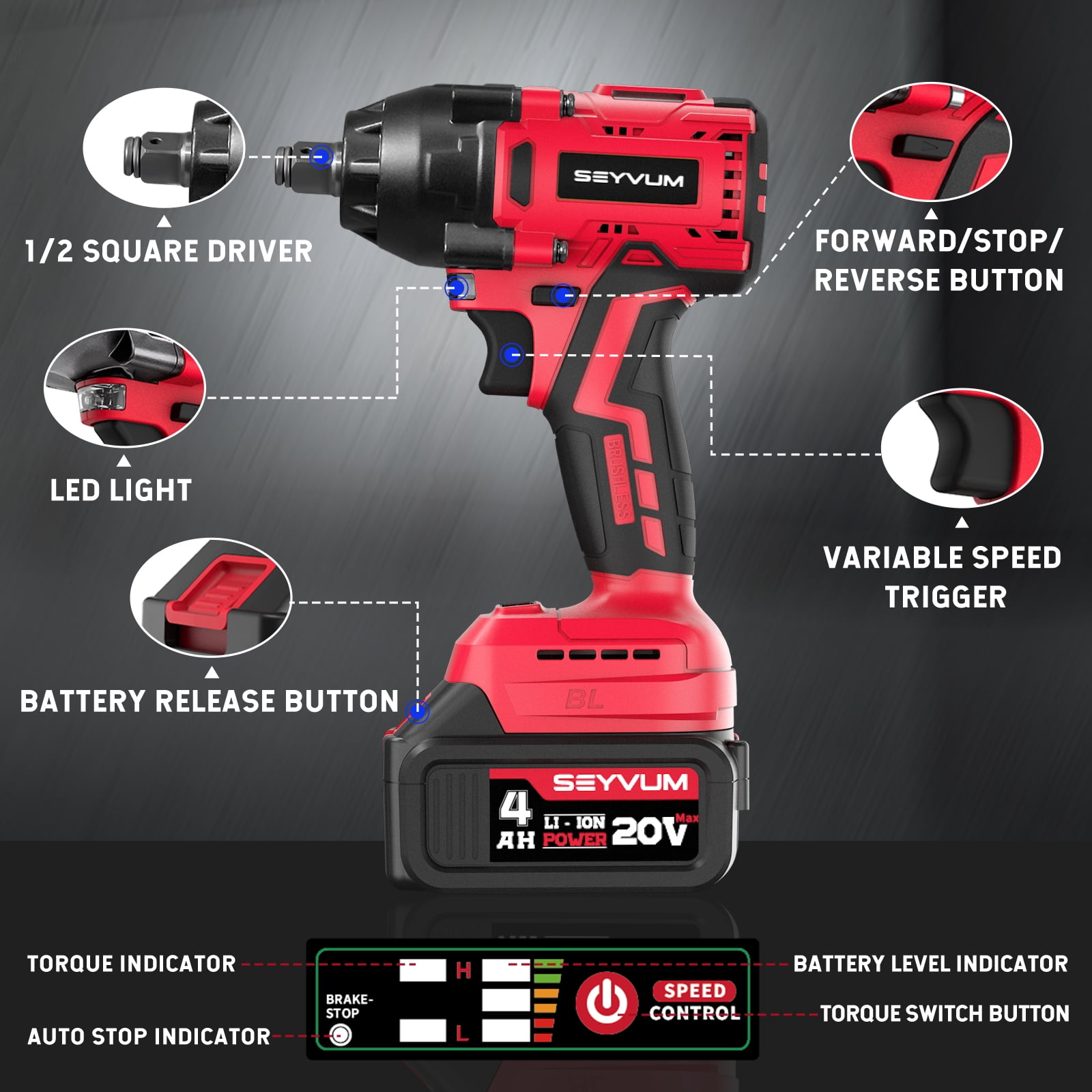 SEYVUM 20V Cordless Impact Wrench Kit, 1/2-Inch Electric Power Tool with 4.0Ah Battery, Fast Charger, 320 ft-lbs Torque (Black, 1 Kit) mmrqi