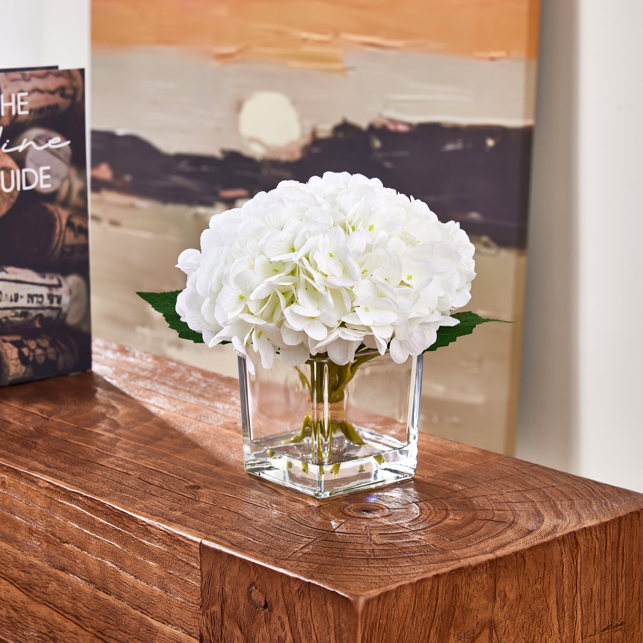 DR.Planzen Artificial White Hydrangea Floral Arrangement in Square Glass Vase (White, 8.3 in) 5zzzj