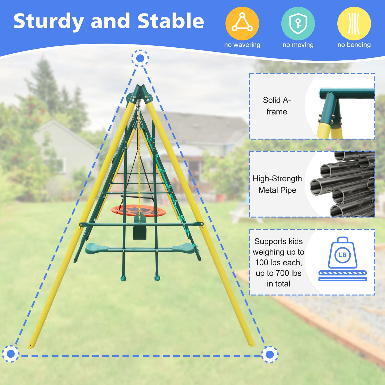 Segmart 6-in-1 Backyard Swing Set with Climbing Ladder, Saucer Swing, and Basketball Hoop (Yellow) qm1zf