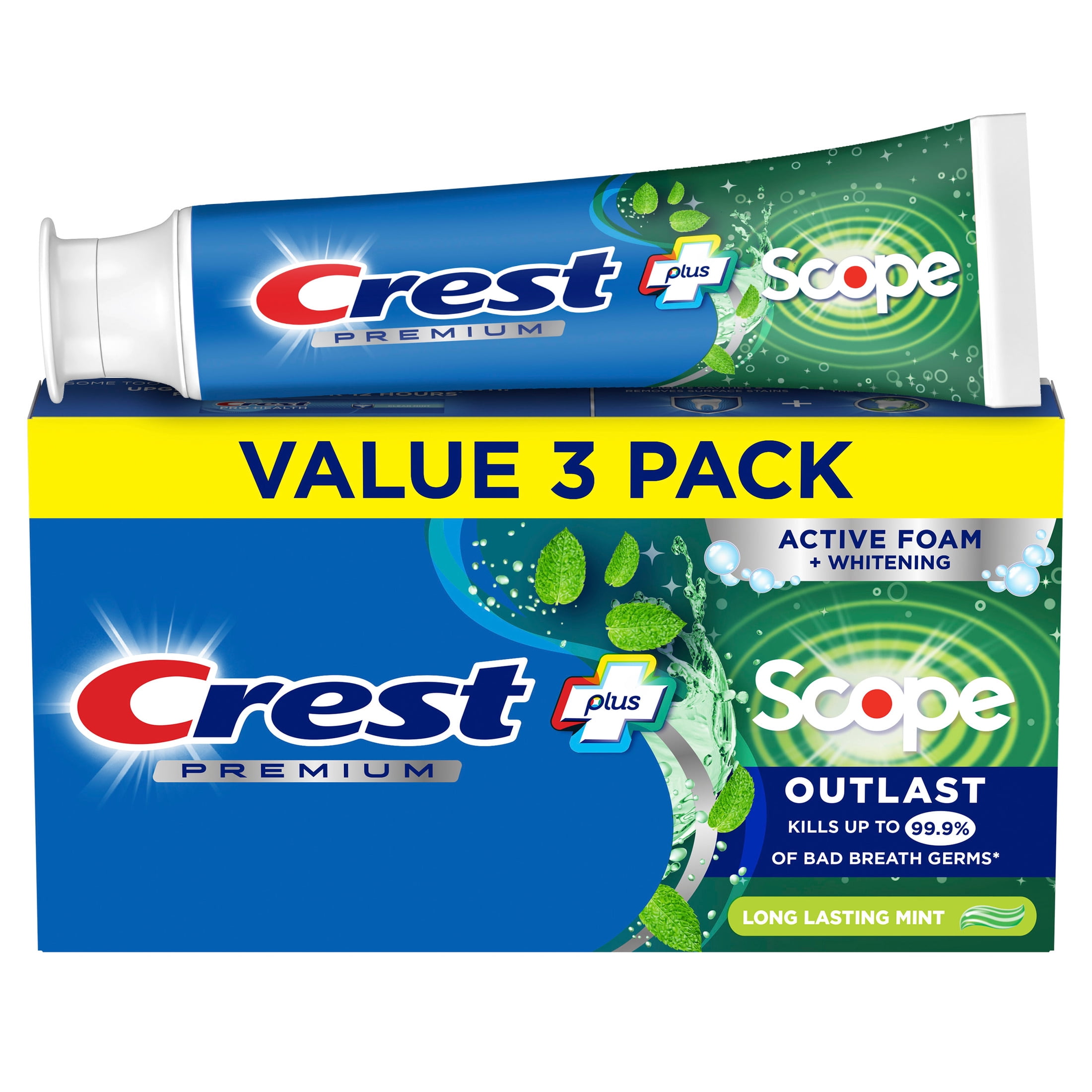 Crest Premium Plus Scope Outlast Fluoride Toothpaste, Mint, Cavity Protection & Whitening (3 Pack, 5.2 oz) lth6g