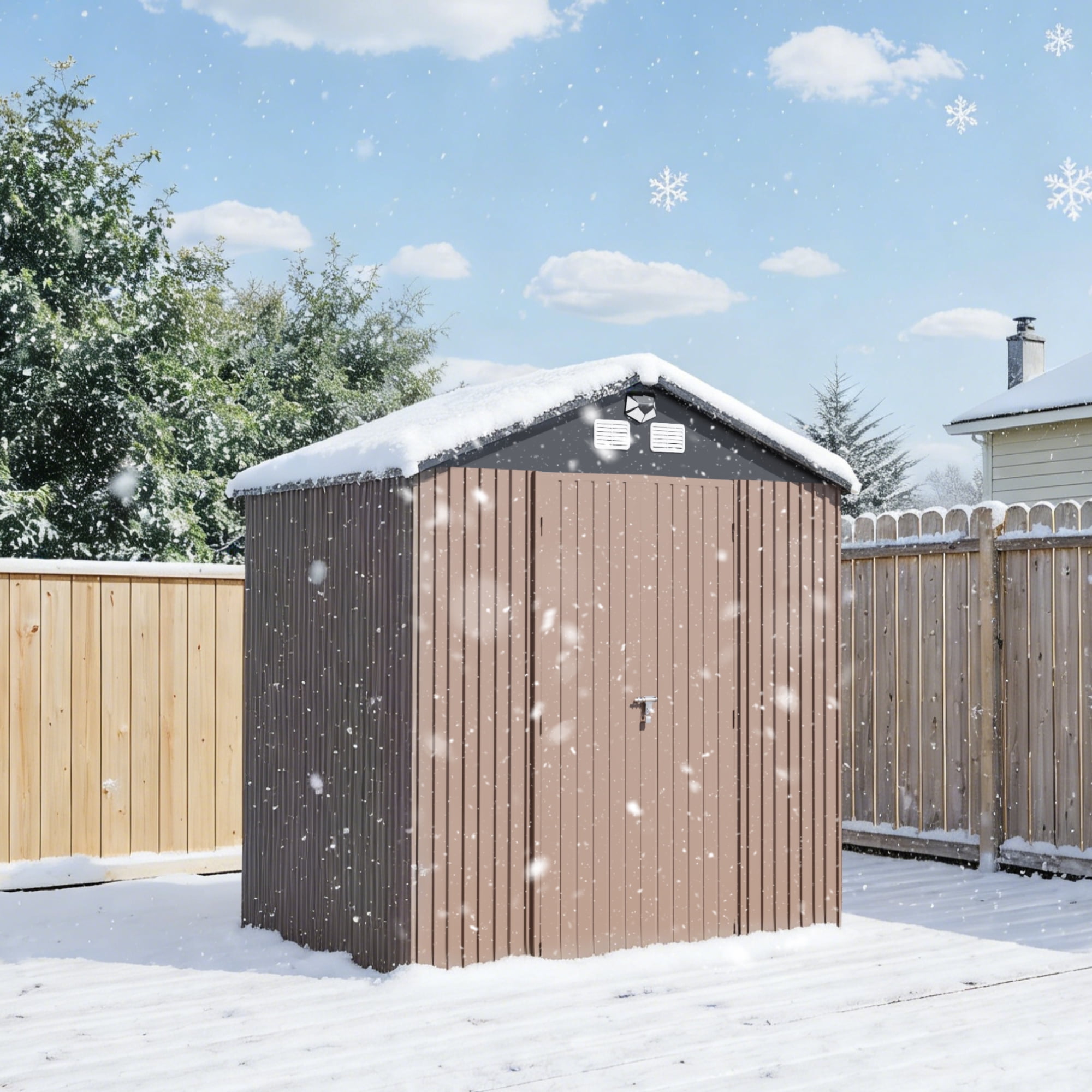 Licheers Outdoor Metal Tool Storage Shed with LED Light and Air Vents (Brown, 8 ft. W x 6 ft. D) 5yoq4