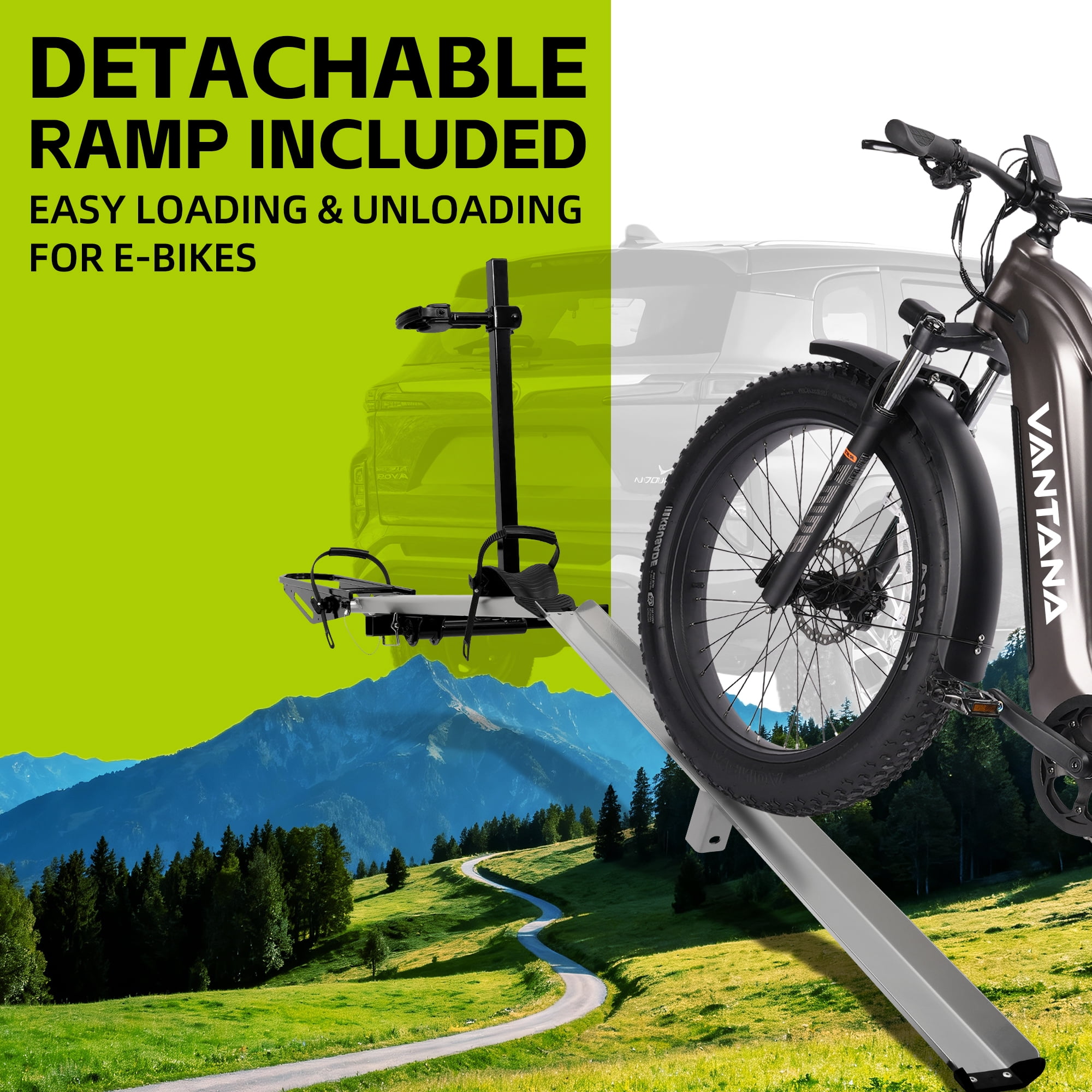 Vantana Hitch Bike Rack with Loading Ramp, Heavy-Duty Aluminum Carrier for Electric Bikes (Silver, 100 lb Capacity) o19al