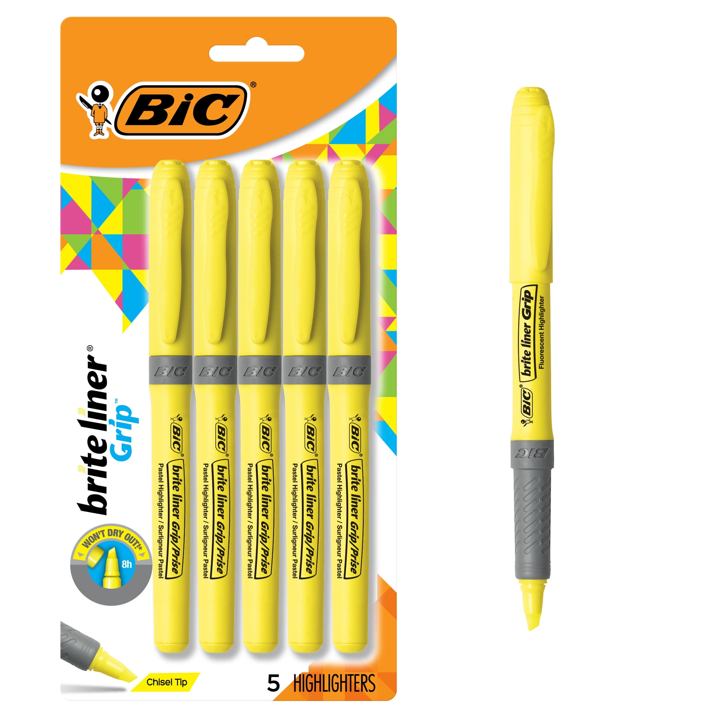 BIC Brite Liner Grip Highlighter, Chisel Tip, Non-Toxic (Yellow, 5-Pack) 10w0v