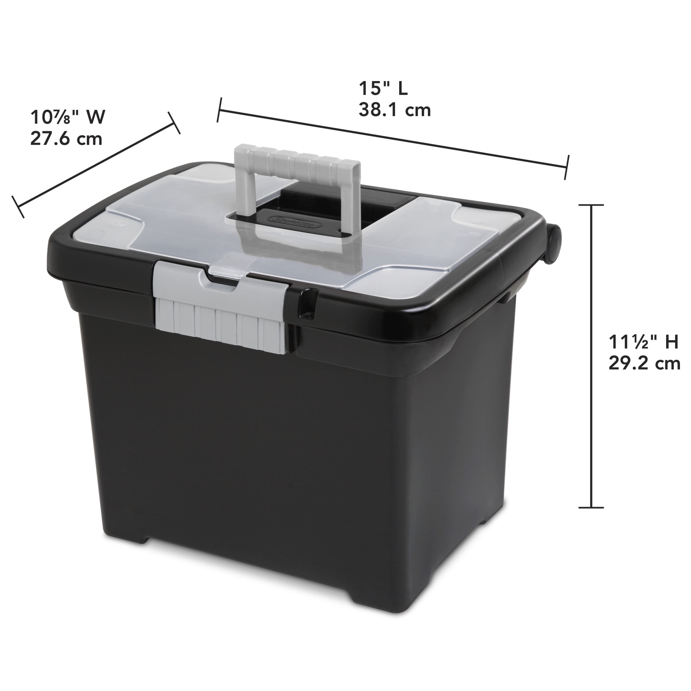 Sterilite Portable File Box, Letter-Size Plastic Storage Organizer with Handle and Divided Lid (Black, 15 in x 10.875 in x 11.5 in) ch8xf