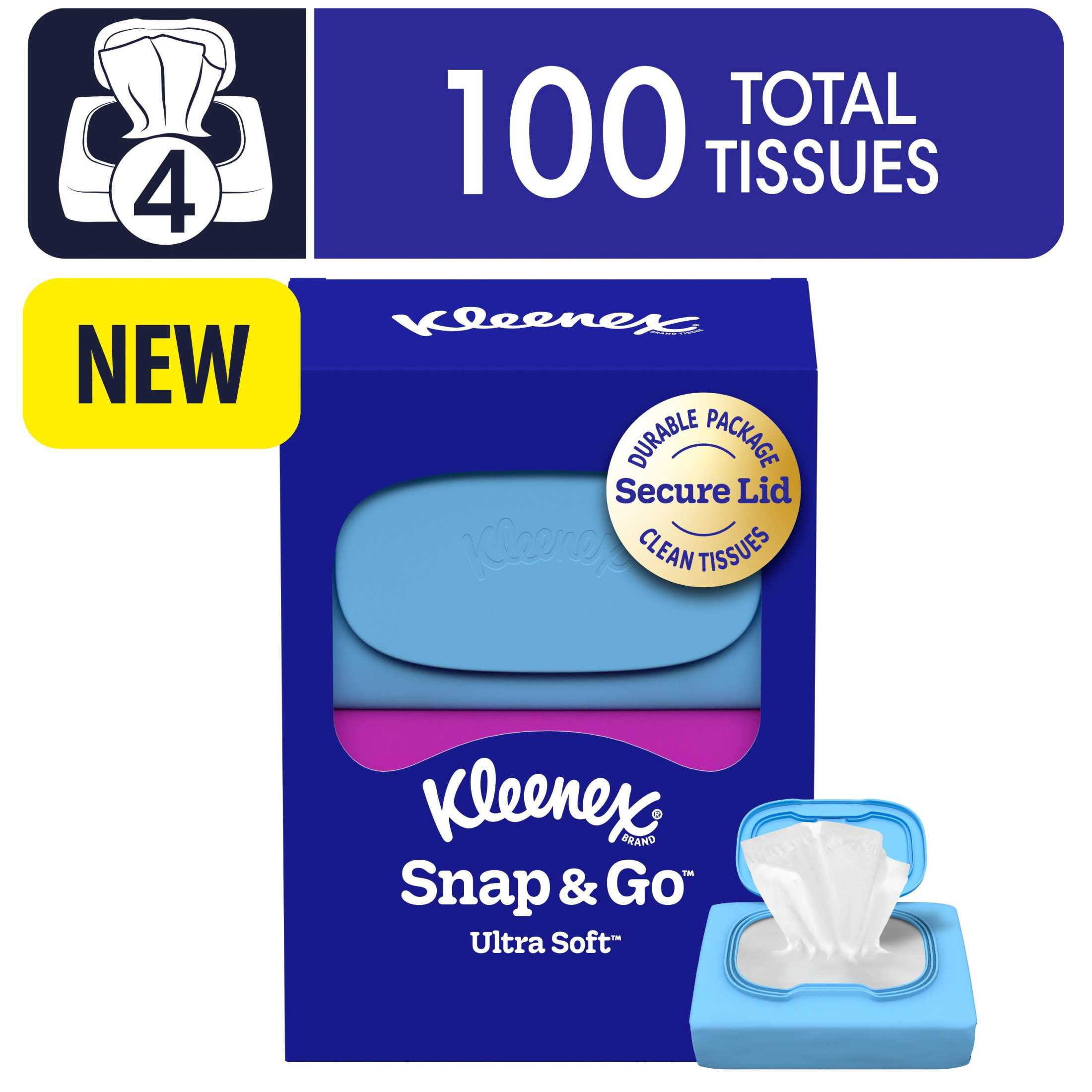Kleenex Snap & Go Ultra Soft 3-Ply Facial Tissues (White, 4 Pack, 100 Tissues Total) 753mg