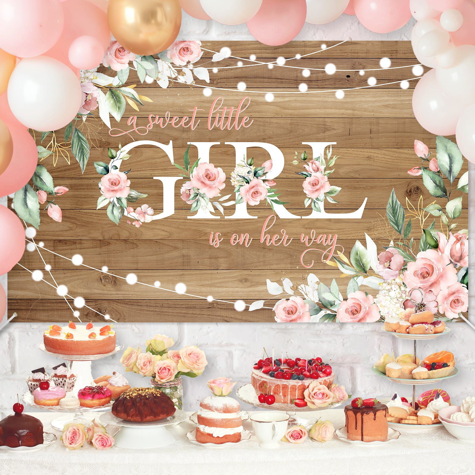 Mocsicka Rustic Baby Shower Backdrop Pink Flower Floral Banner for Girl (Pink, 71 in x 43 in) uzwto