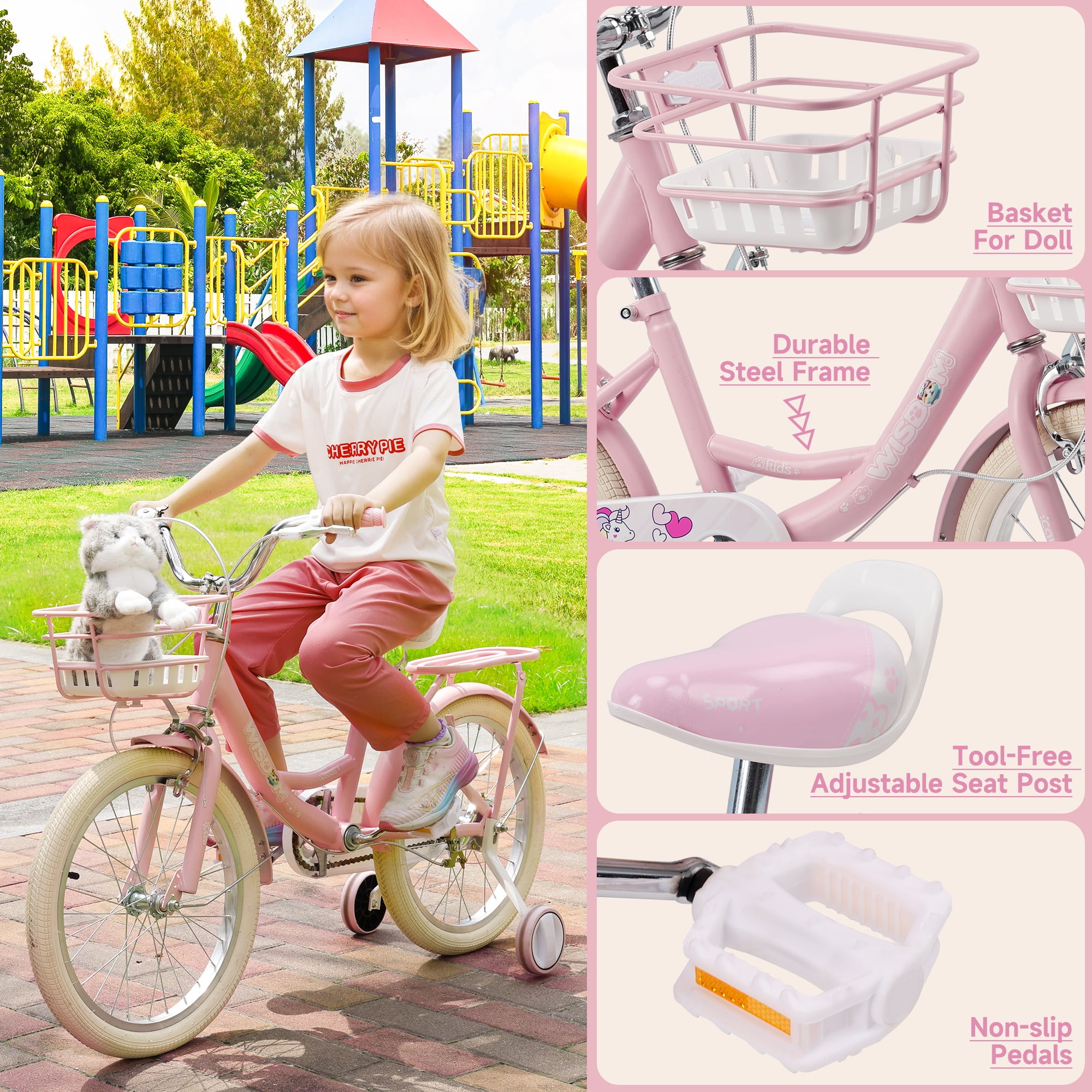 Bruce & Shark Kids Bicycle with Training Wheels and Basket (Pink, 18 in) 6vb7m - Image 8