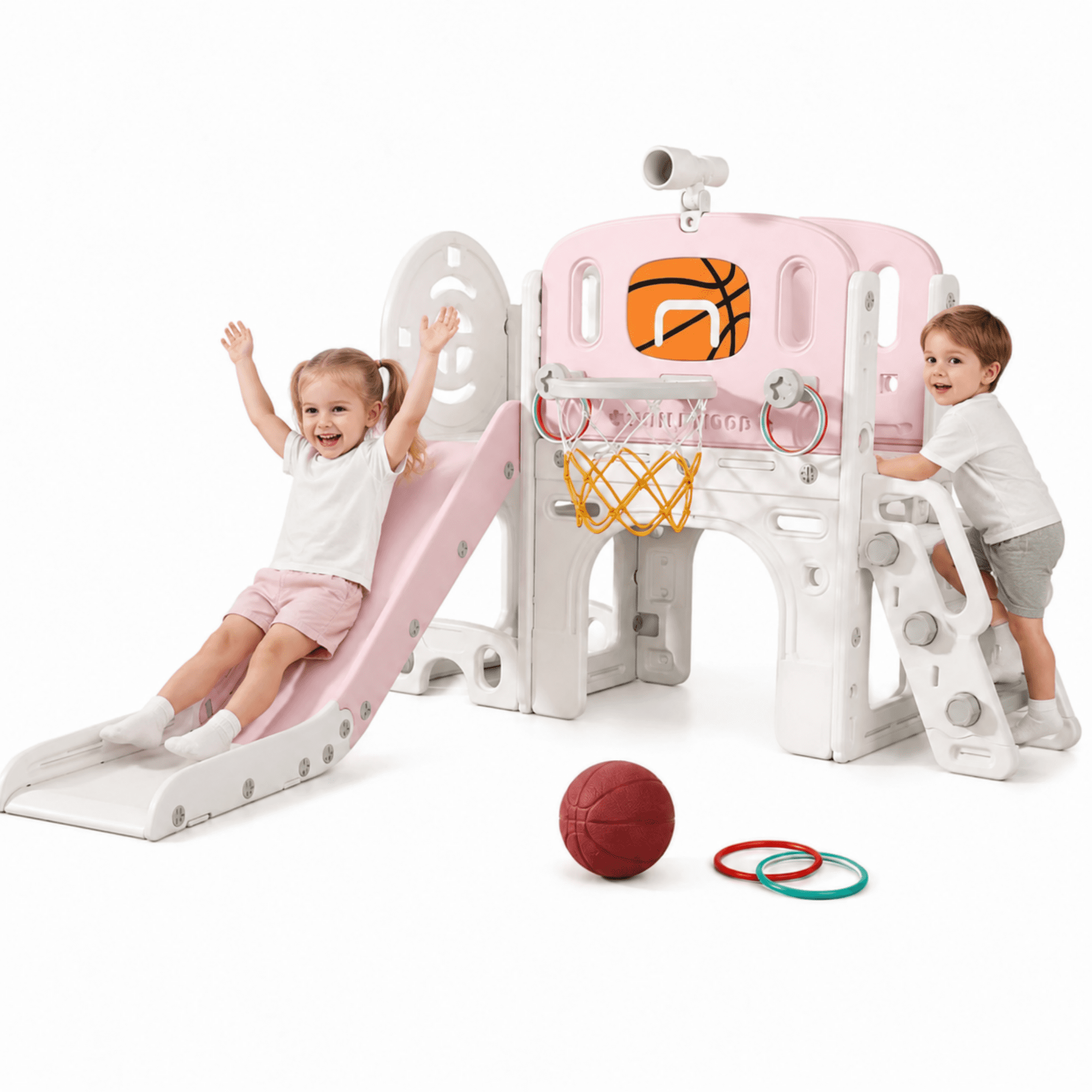 DKMOCO 9-in-1 Toddler Slide and Climber Playset with Basketball Hoop and Ring Toss (Pink, 59.8 in x 53.5 in x 36.2 in) p14il