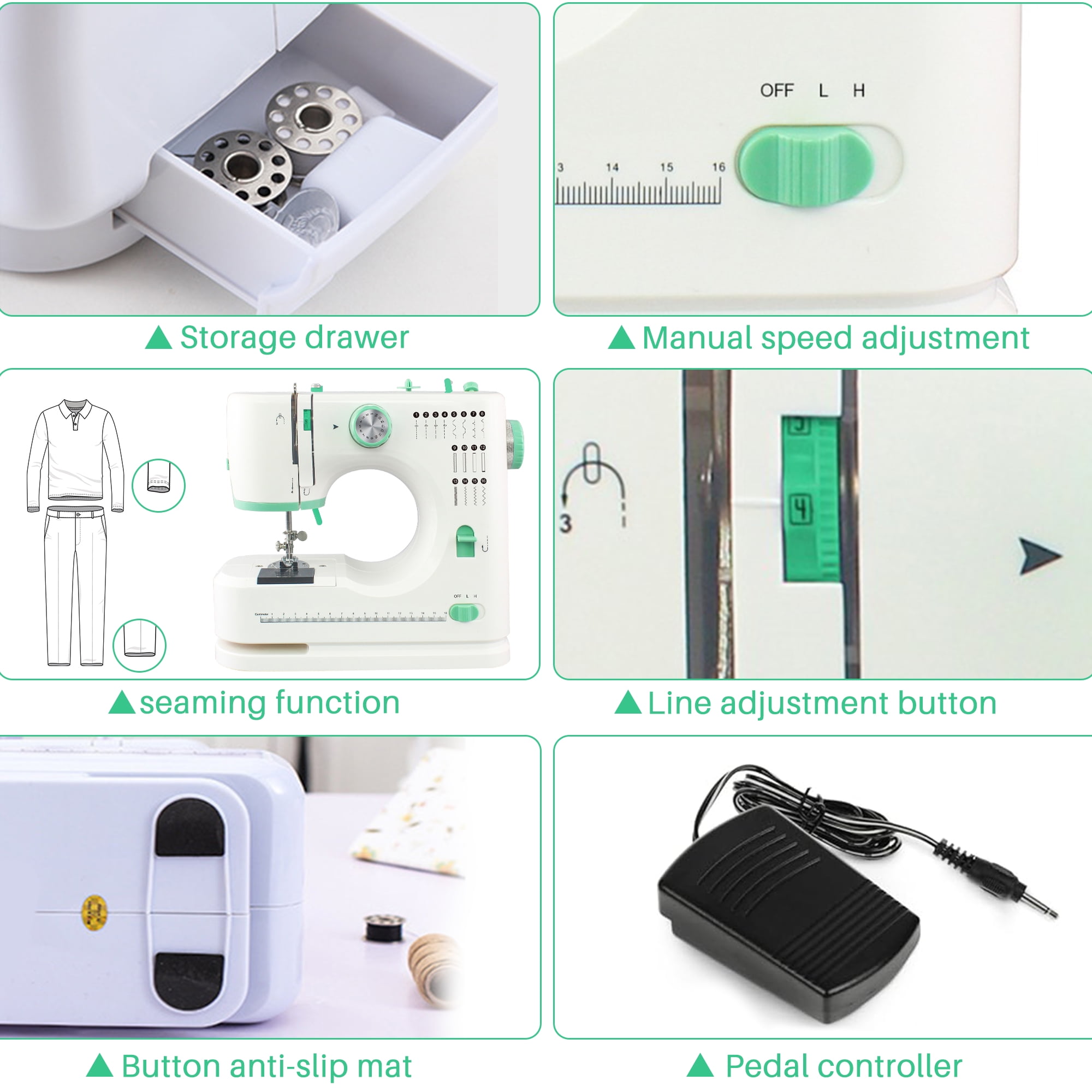 BCOOSS Portable Sewing Machine for Beginners with 16 Built-in Stitches and Foot Pedal (Green, 1 Unit) fj9r0