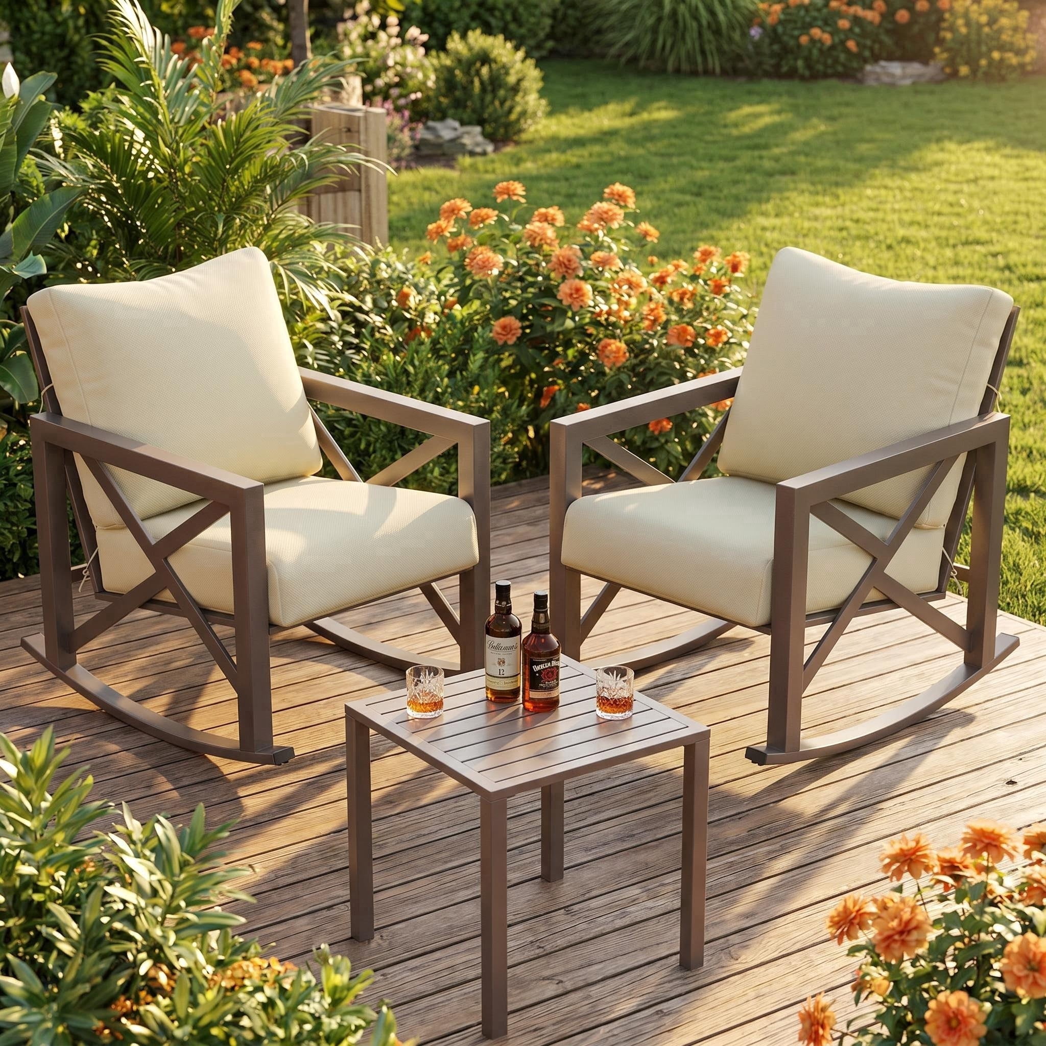 UDPATIO 3-Piece Metal Patio Bistro Rocker Set, Heavy-Duty Outdoor Furniture with Thick Cushions (Beige, 3-Piece Set) r0c1x