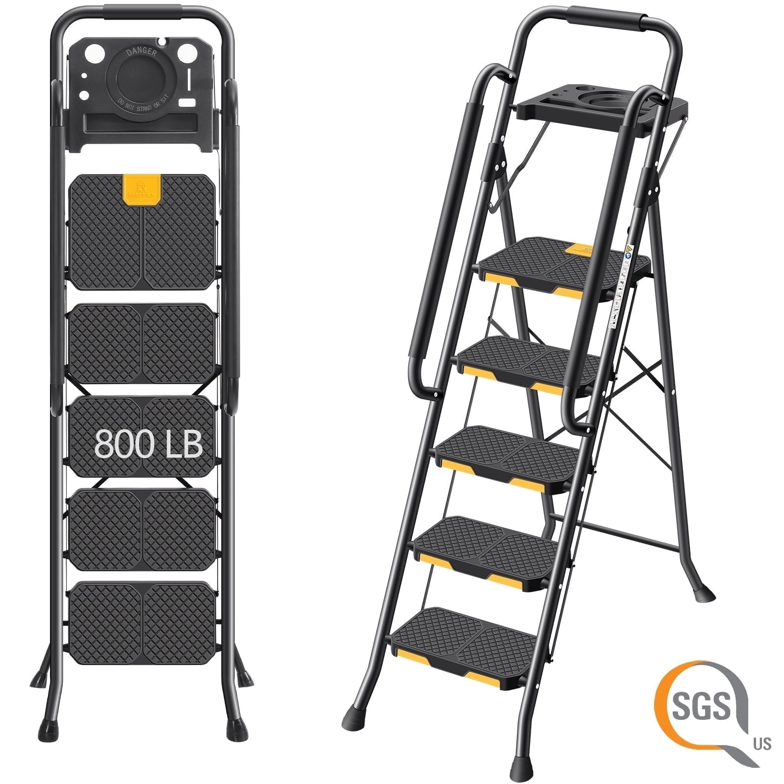 KINGRACK 5 Step Folding Ladder, Heavy-Duty Steel Step Stool with Tool Tray and Anti-Slip Pedals (Black, 800 lb Capacity) mvhq5