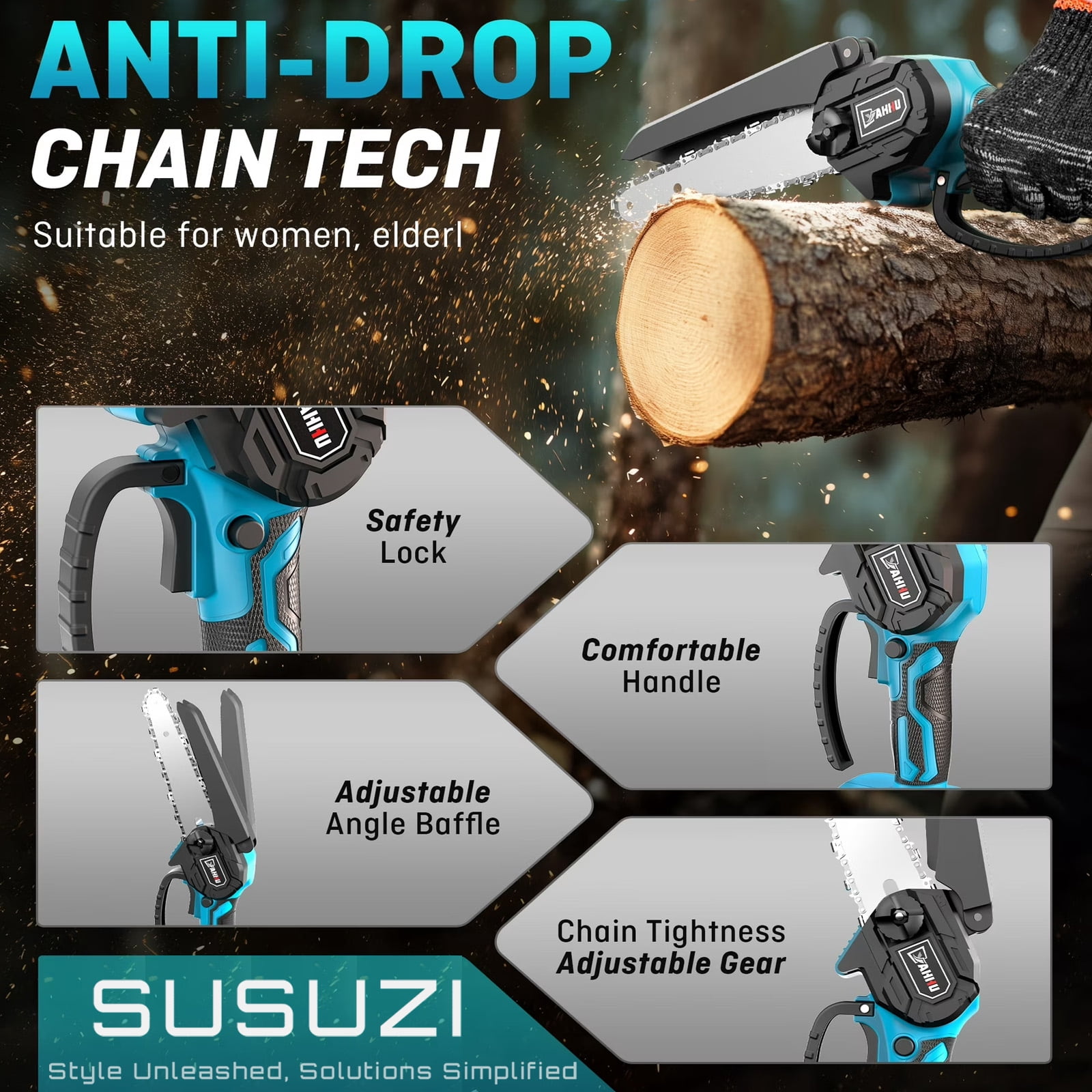 Susuzi 8-Inch Cordless Chainsaw, Brushless Mini Handheld Power Tool for Tree Trimming and Wood Cutting (Blue, 4.85 lb) 0mv7b
