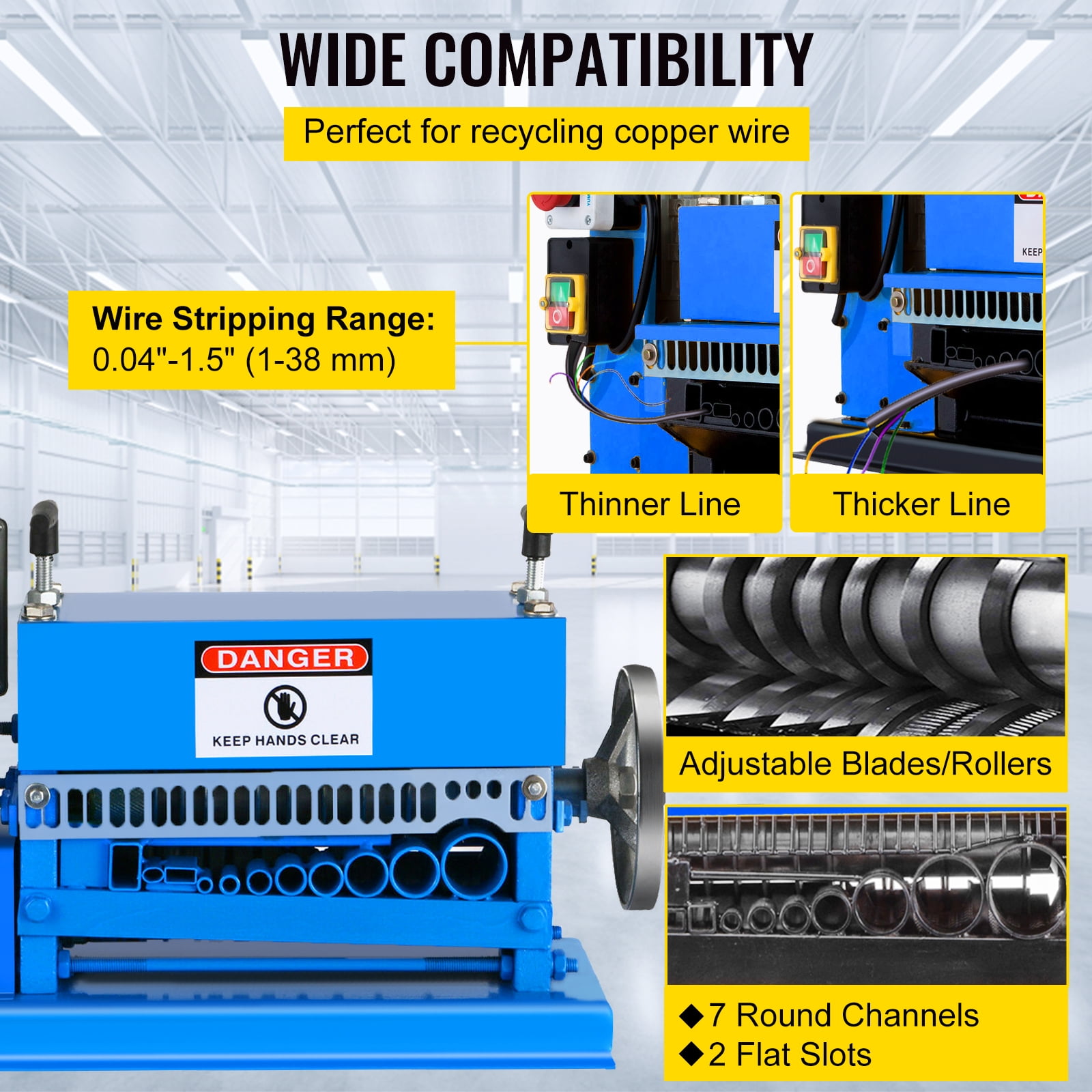 VEVOR Wire Stripping Machine, Automatic Electric Cable Stripper with 11 Channels and 10 Blades for Copper Recycling (Blue, 0.06 in - 1.5 in) cz33o