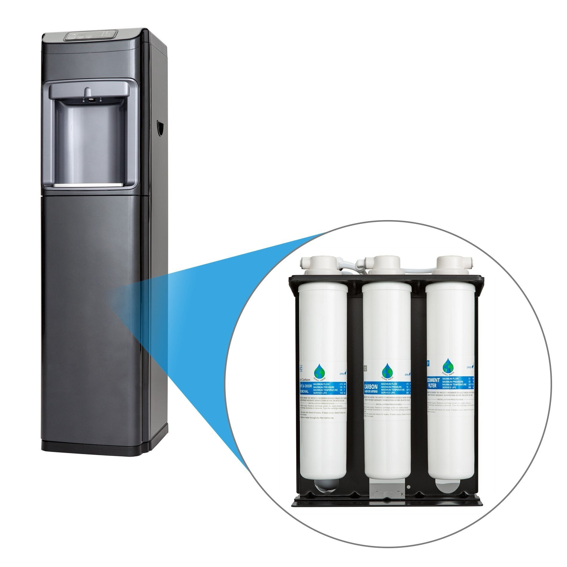 Global Water G5RO Standing Water Cooler, 4-Stage Reverse Osmosis Filtration System (Black, 1.5 gal) pojlv
