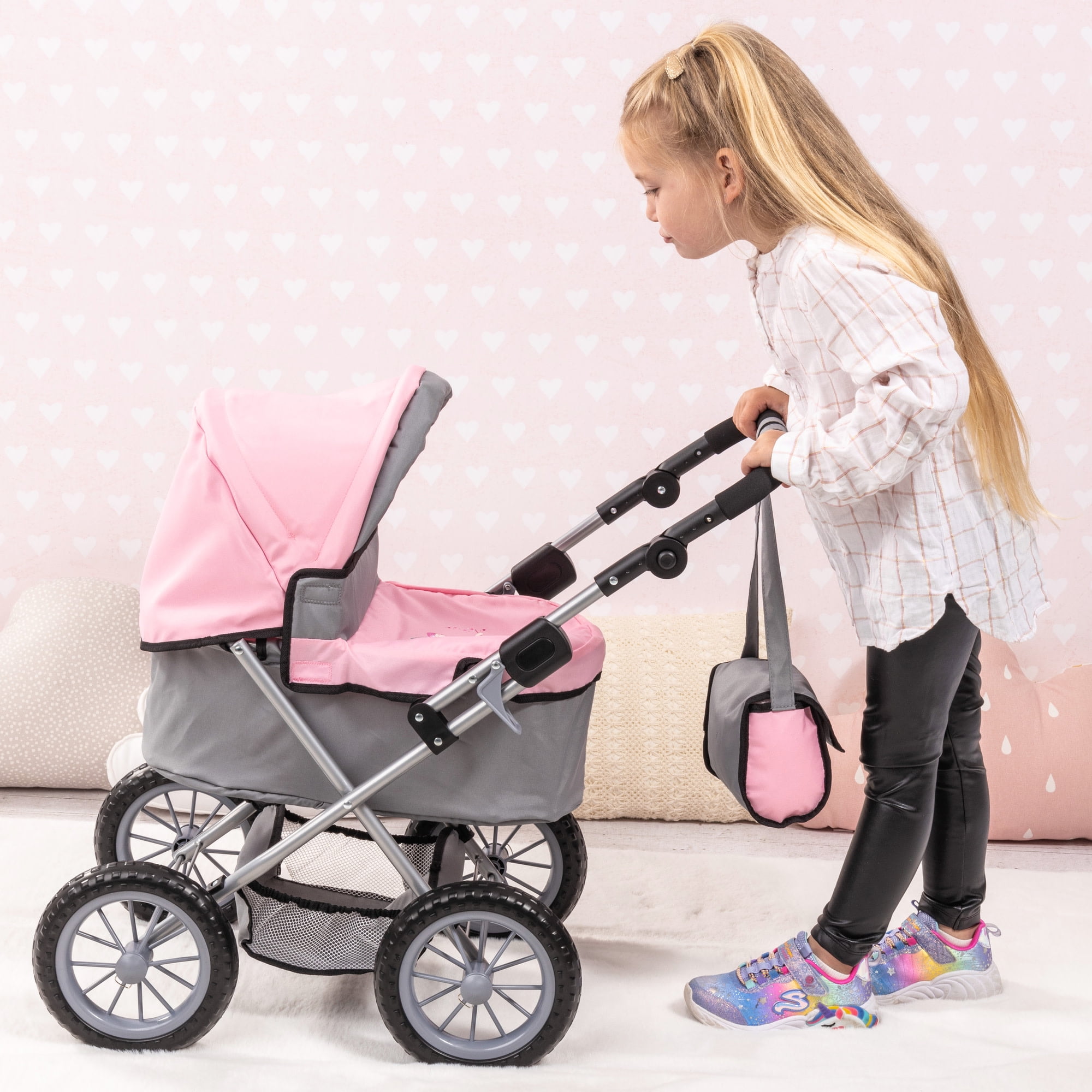 Bayer Design Trendy Baby Doll Pram with Adjustable Handle, Foldable Stroller for Dolls (Pink/Grey, 18 in) 0rt1t